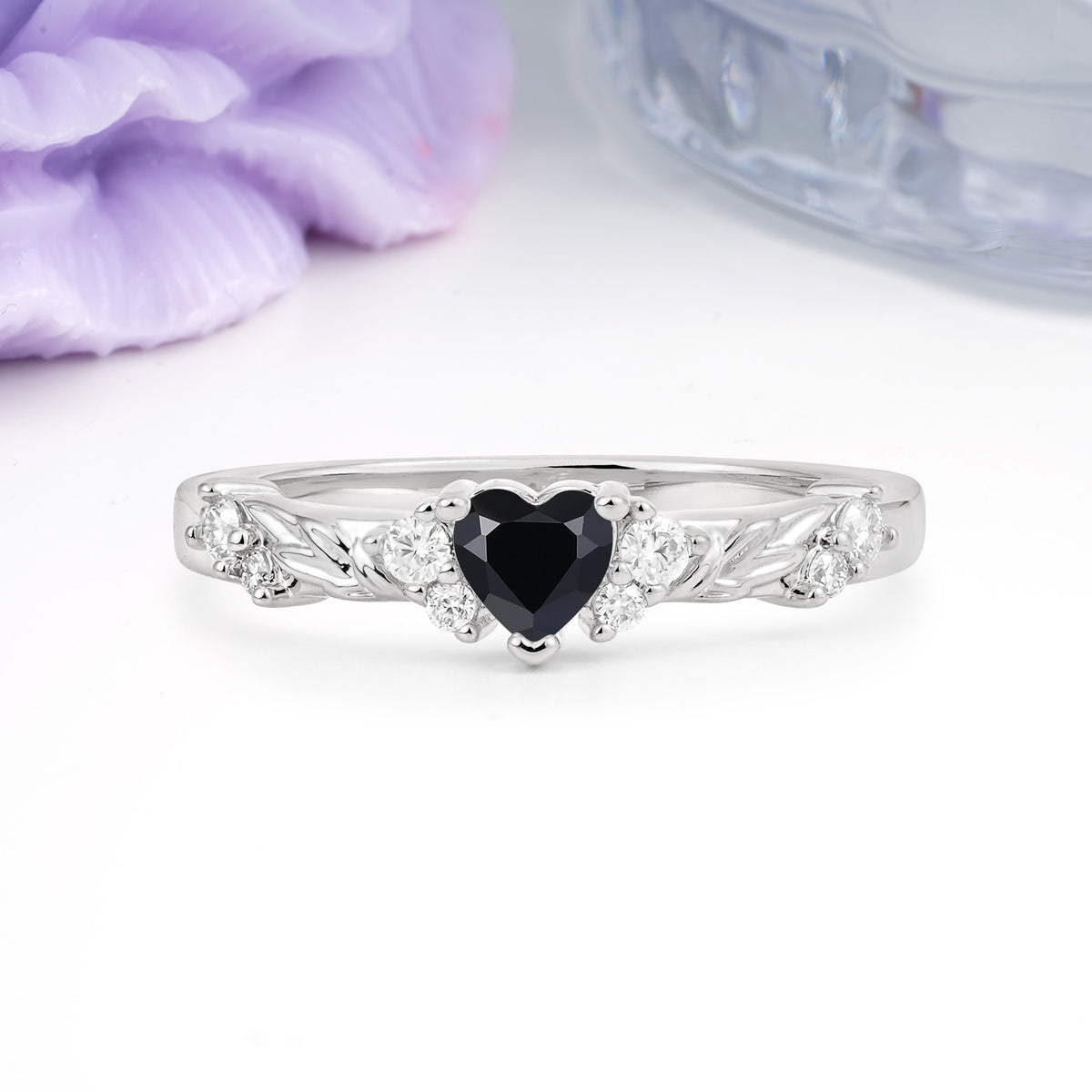 Dainty Twisted Branch Floral Outline Ball Prong Heart Cut Black Onyx Engagement Ring - Additional view