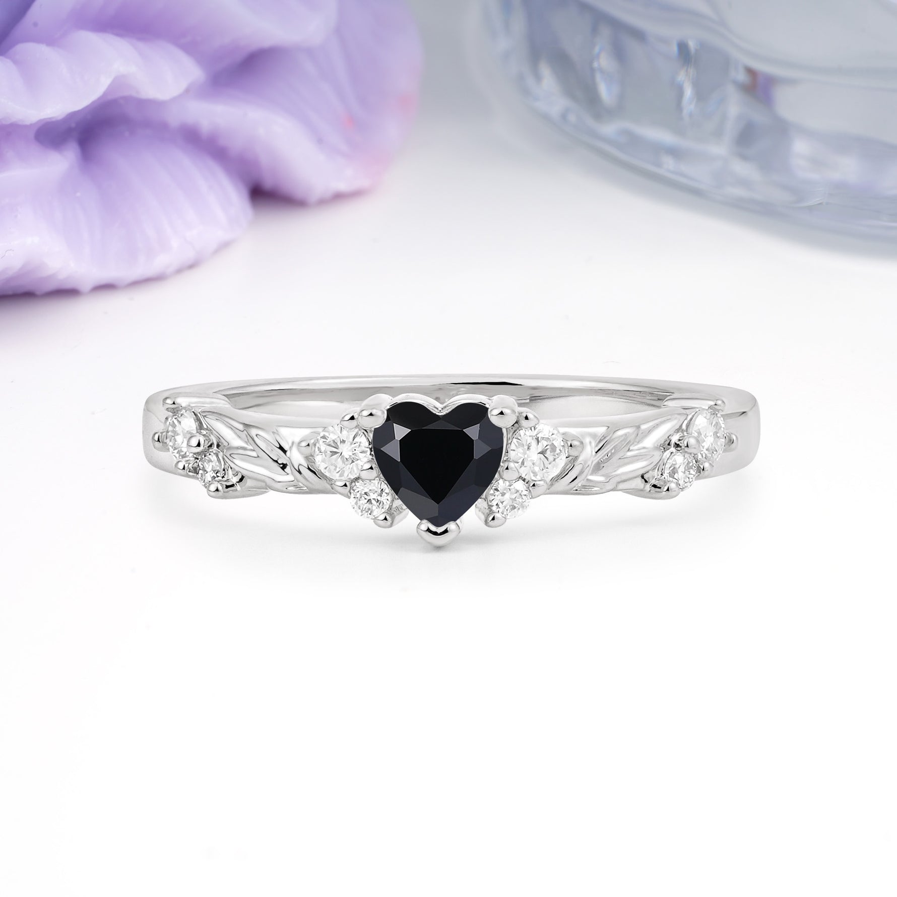 Dainty Twisted Branch Floral Outline Ball Prong Heart Cut Black Onyx Engagement Ring - Additional view