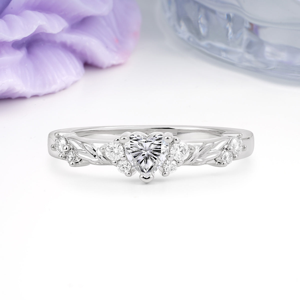 Dainty Twisted Branch Floral Outline Ball Prong Heart Cut Lab Diamond Engagement Ring - Additional view