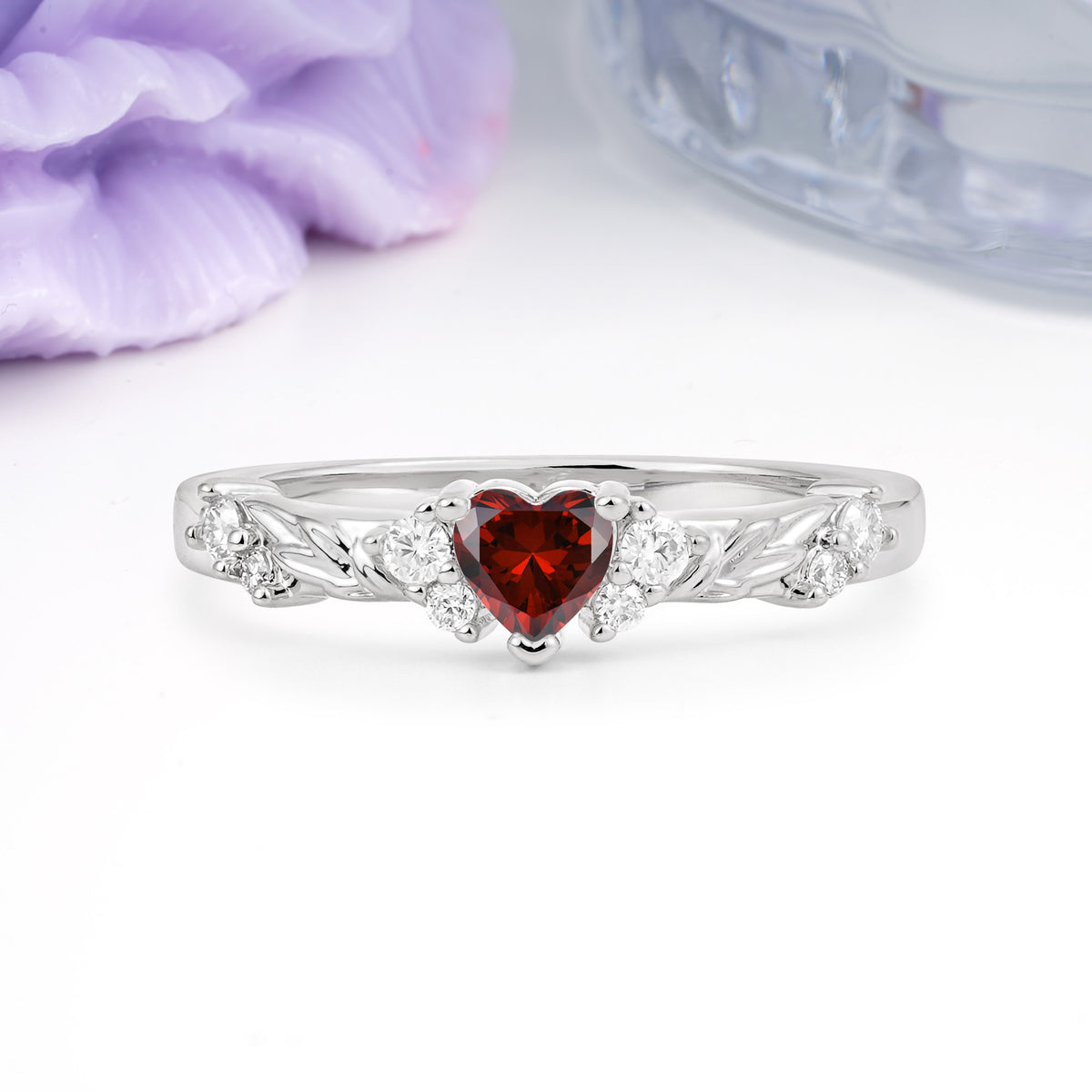 Dainty Twisted Branch Floral Outline Ball Prong Heart Cut Garnet Engagement Ring - Additional view