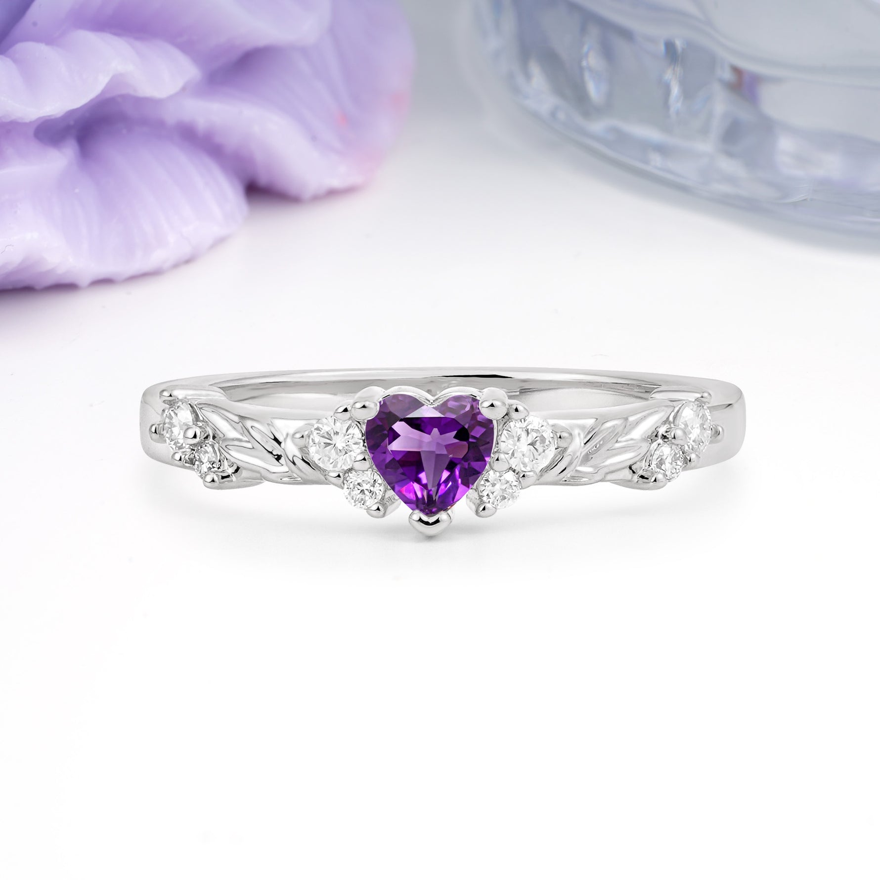 Dainty Twisted Branch Floral Outline Ball Prong Heart Cut Amethyst Engagement Ring - Additional view