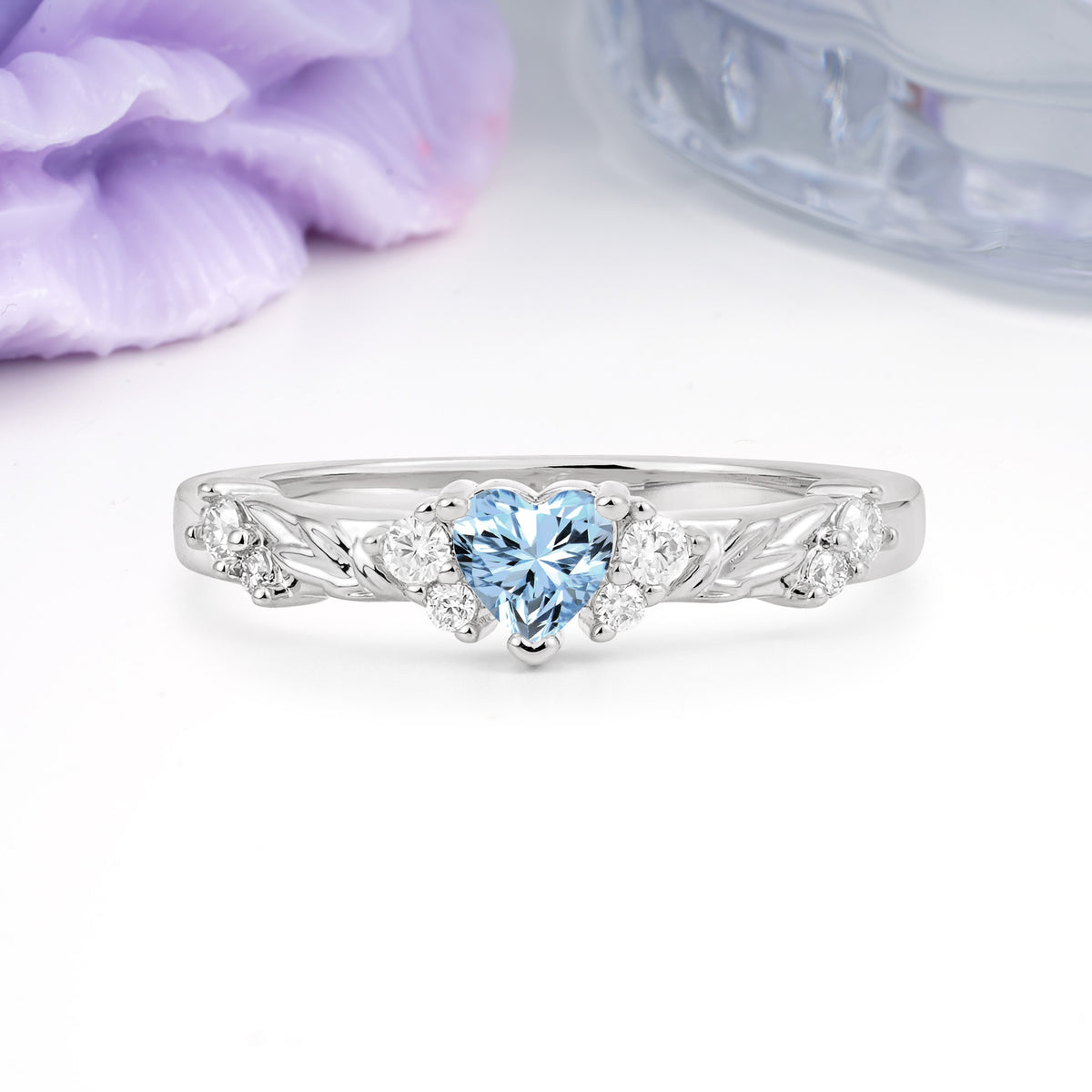Dainty Twisted Branch Floral Outline Ball Prong Heart Cut Aquamarine Engagement Ring - Additional view