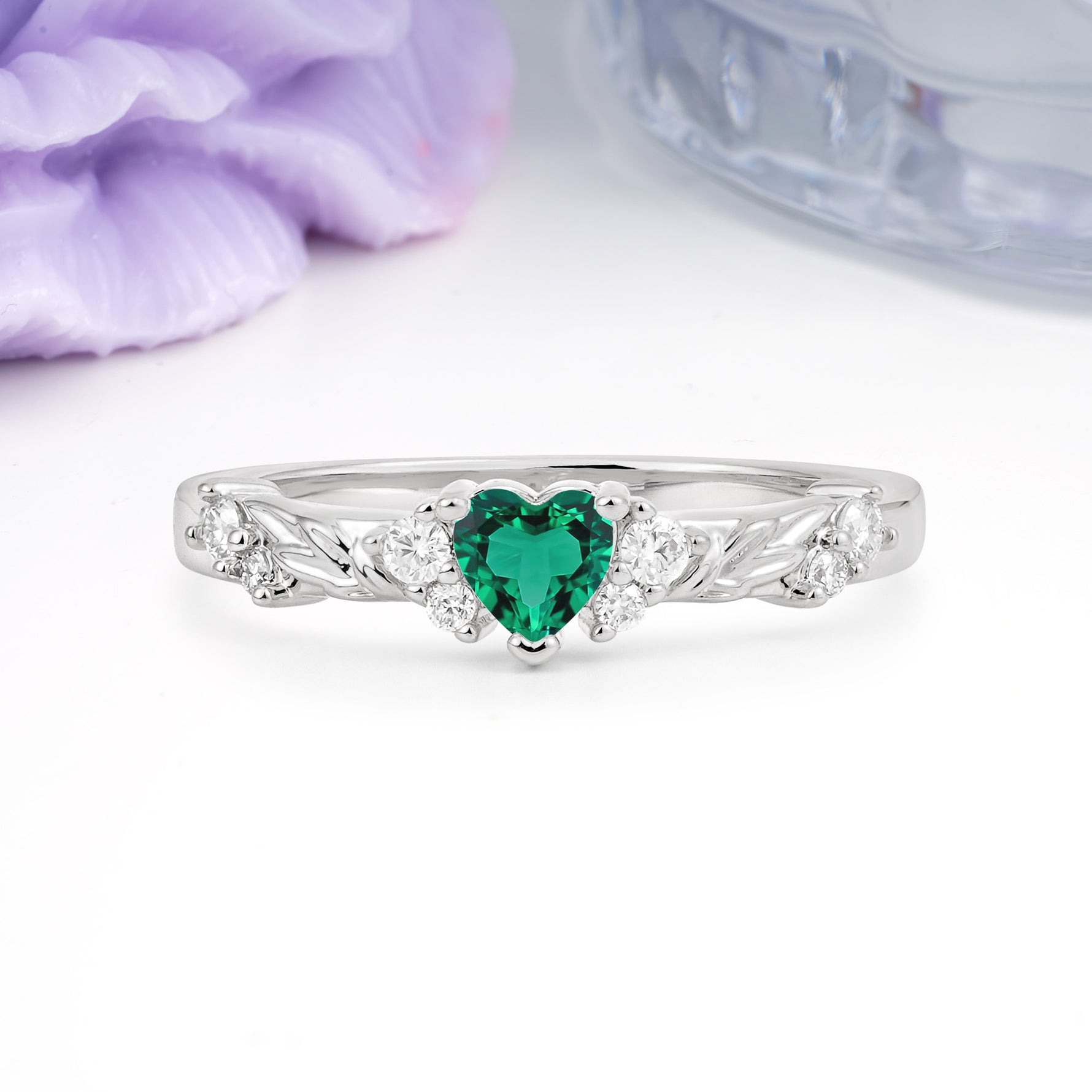 Dainty Twisted Branch Floral Outline Ball Prong Heart Cut Emerald Engagement Ring - Additional view