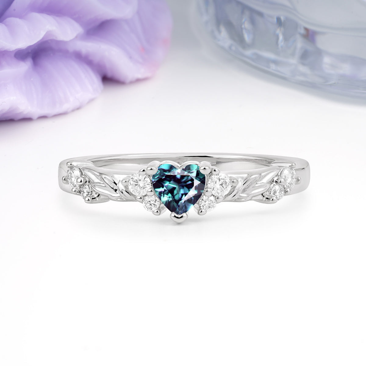 Dainty Twisted Branch Floral Outline Ball Prong Heart Cut Alexandrite Engagement Ring - Additional view
