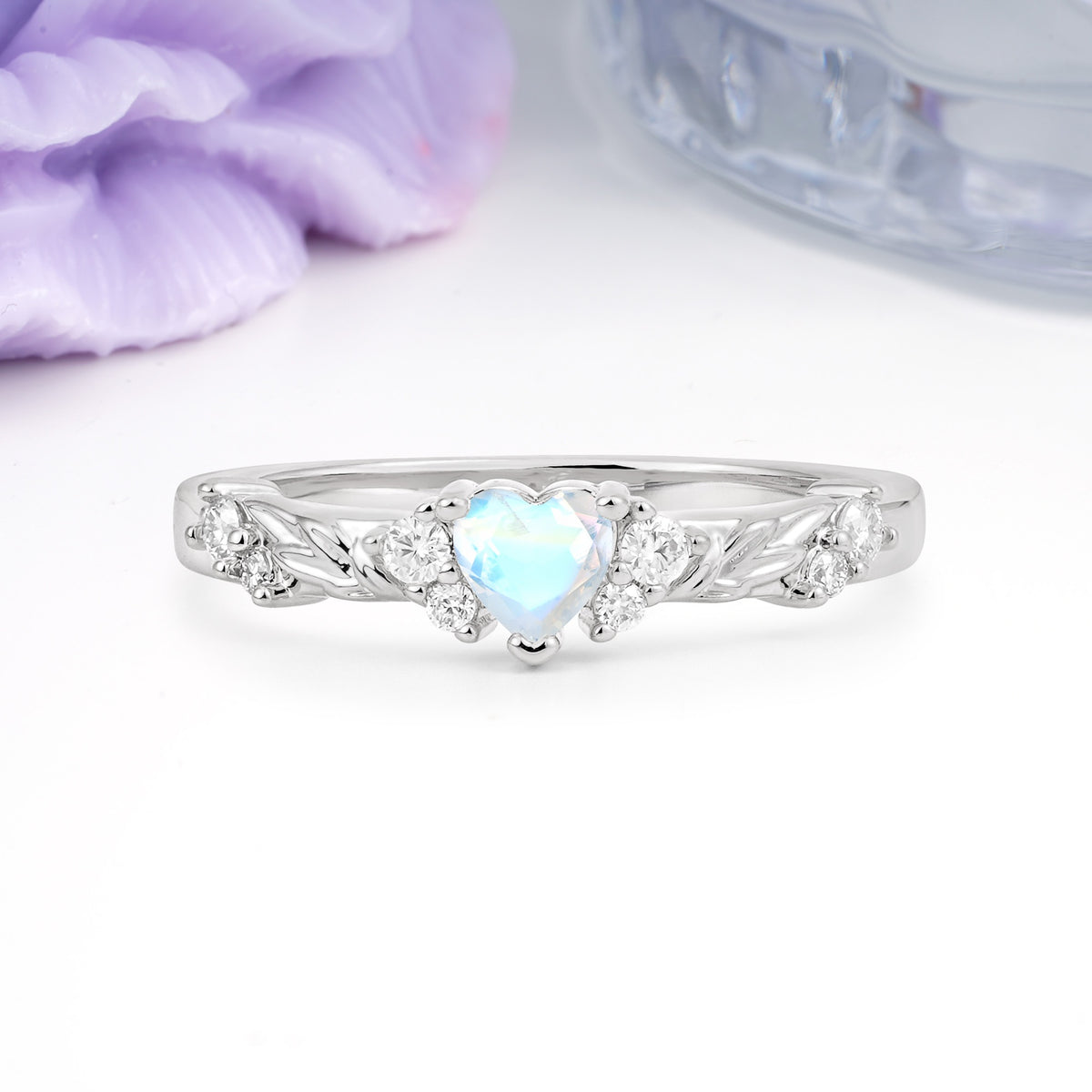 Dainty Twisted Branch Floral Outline Ball Prong Heart Cut Moonstone Engagement Ring - Additional view