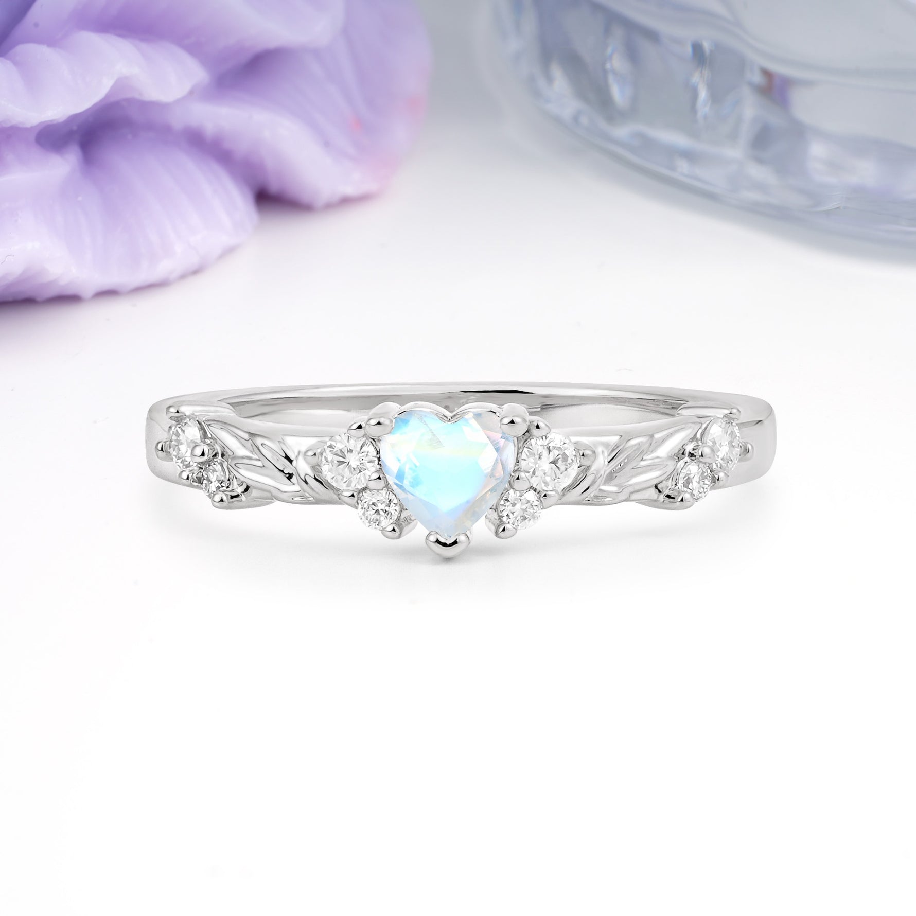 Dainty Twisted Branch Floral Outline Ball Prong Heart Cut Moonstone Engagement Ring - Additional view