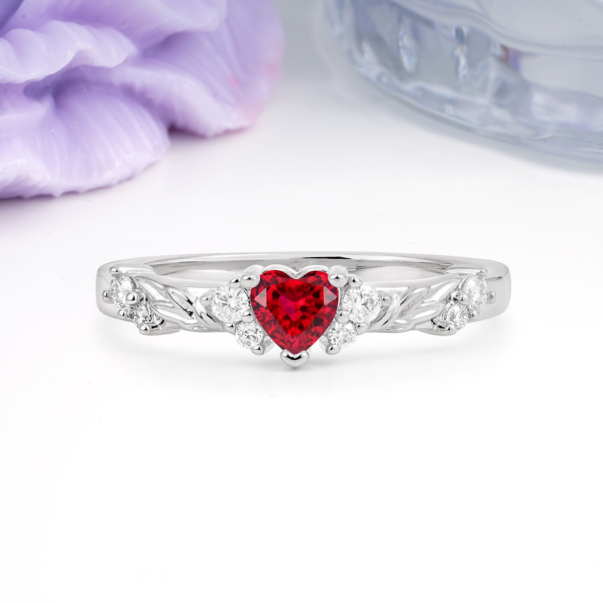 Dainty Twisted Branch Floral Outline Ball Prong Heart Cut Ruby Engagement Ring - Additional view