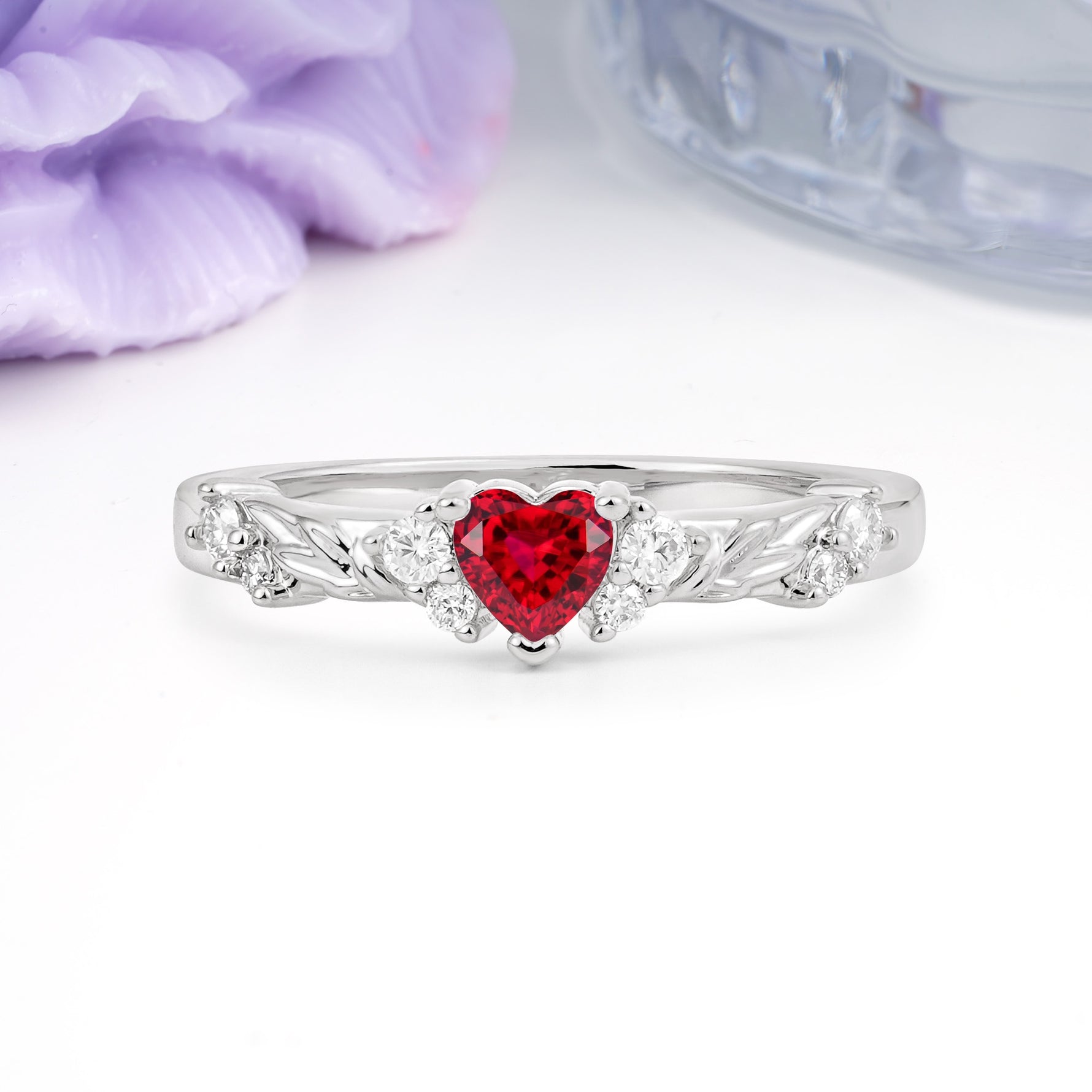 Dainty Twisted Branch Floral Outline Ball Prong Heart Cut Ruby Engagement Ring - Additional view