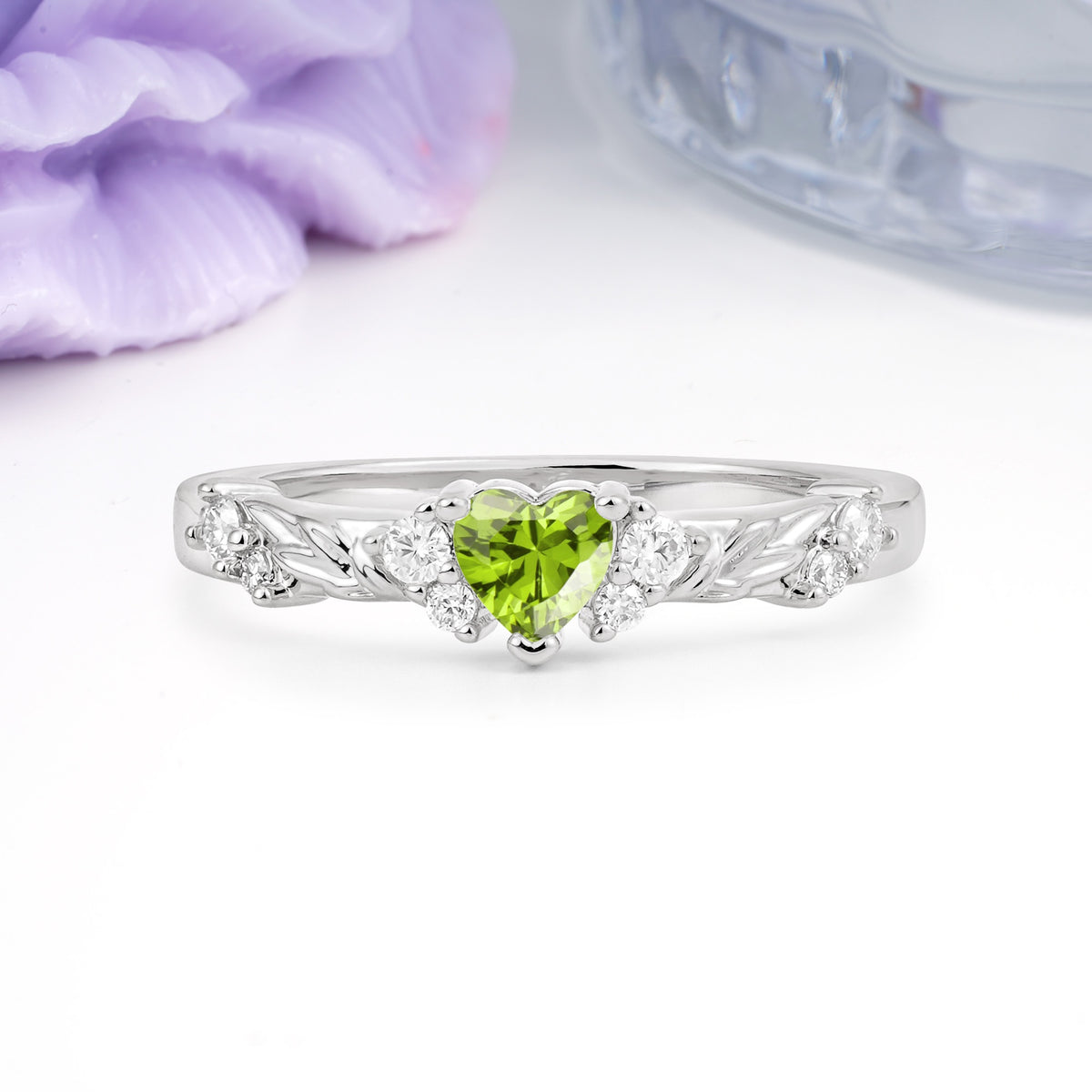 Dainty Twisted Branch Floral Outline Ball Prong Heart Cut Peridot Engagement Ring - Additional view