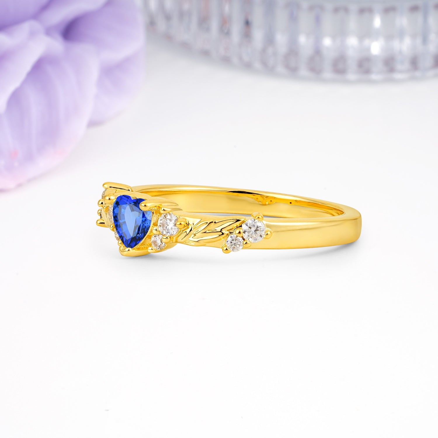 Dainty Twisted Branch Floral Outline Ball Prong Heart Cut Sapphire Engagement Ring - Additional view