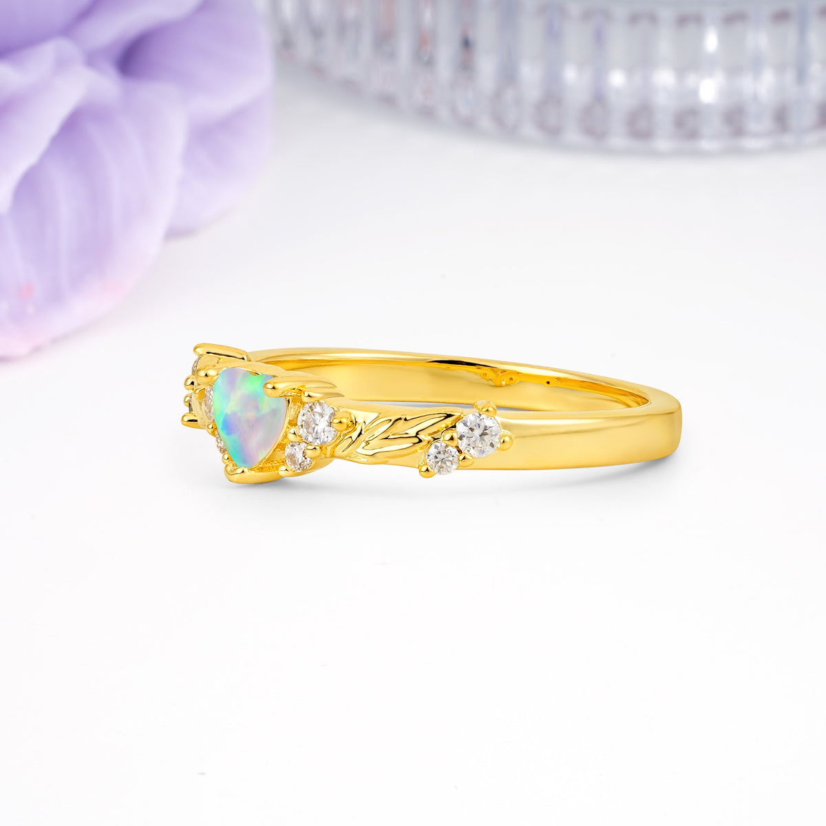Dainty Twisted Branch Floral Outline Ball Prong Heart Cut Fire Opal Engagement Ring - Additional view