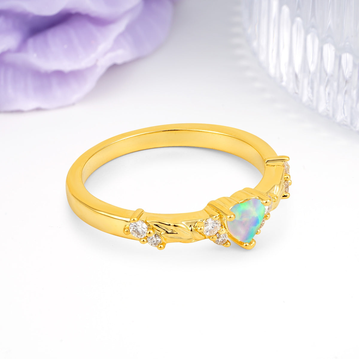 Dainty Twisted Branch Floral Outline Ball Prong Heart Cut Fire Opal Engagement Ring - Additional view