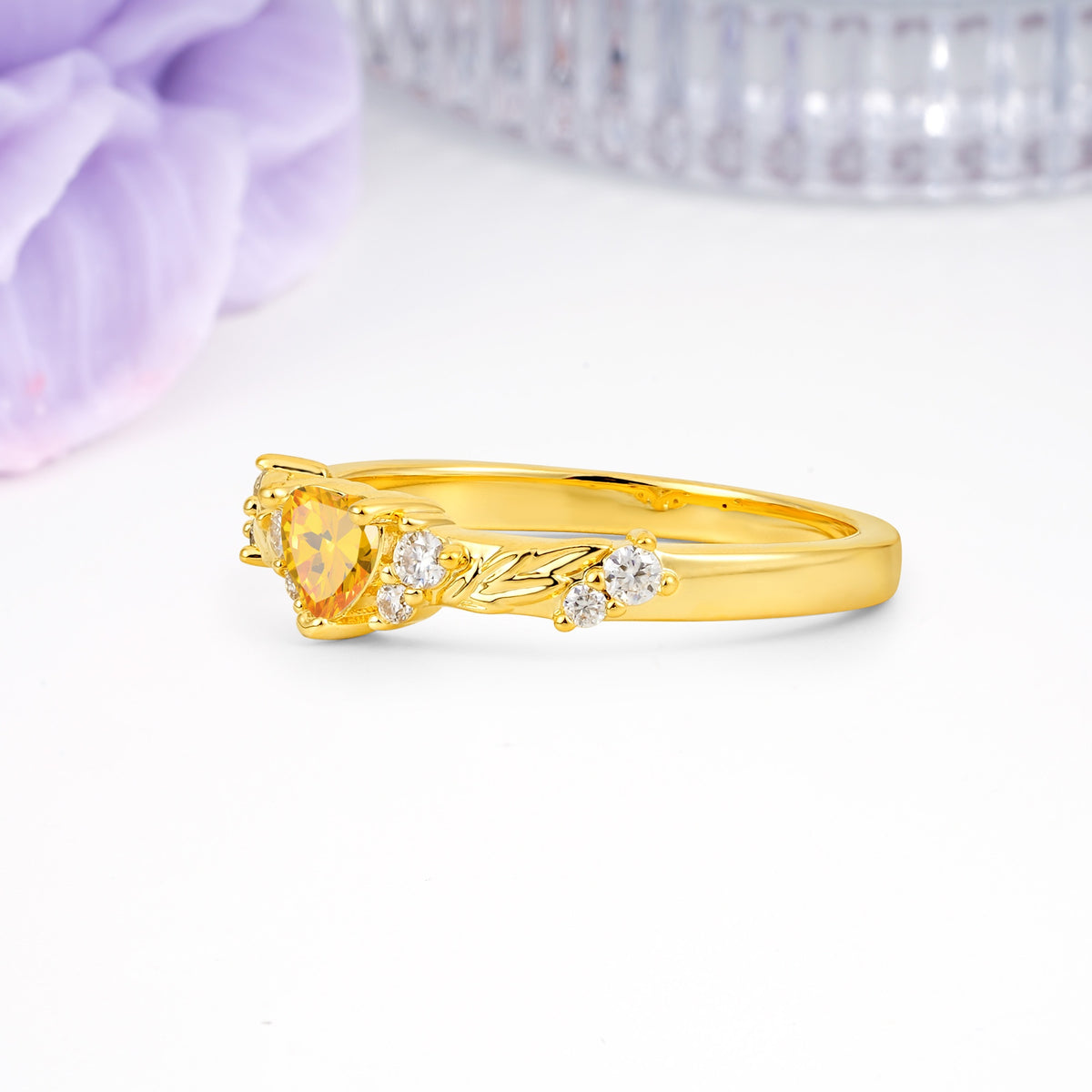 Dainty Twisted Branch Floral Outline Ball Prong Heart Cut Citrine Engagement Ring - Additional view