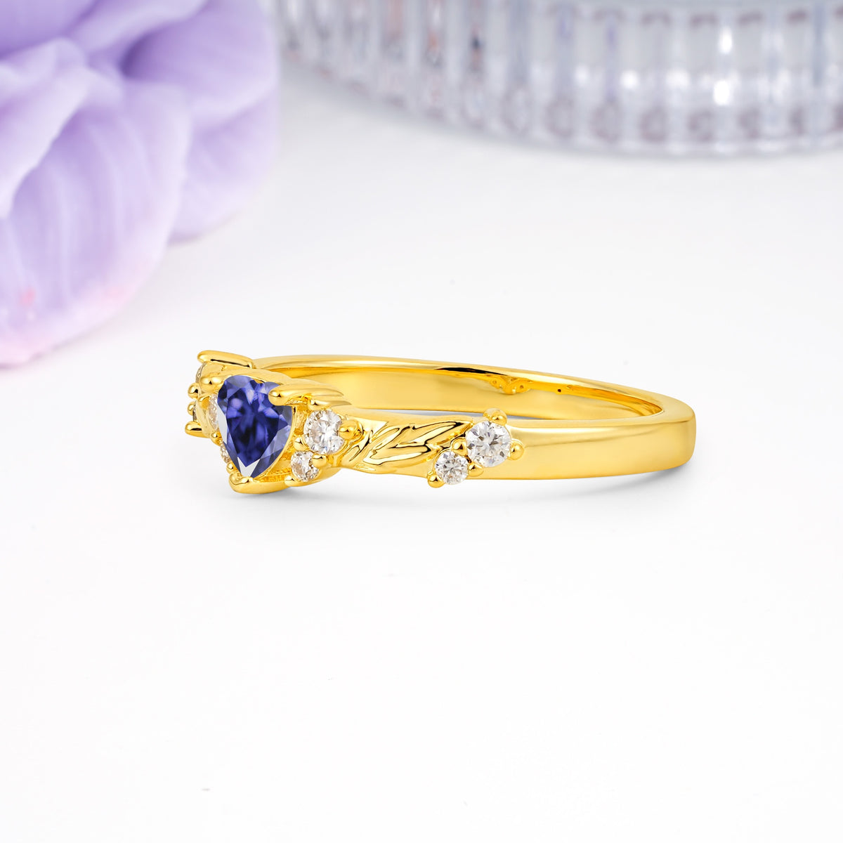Dainty Twisted Branch Floral Outline Ball Prong Heart Cut Tanzanite Engagement Ring - Additional view