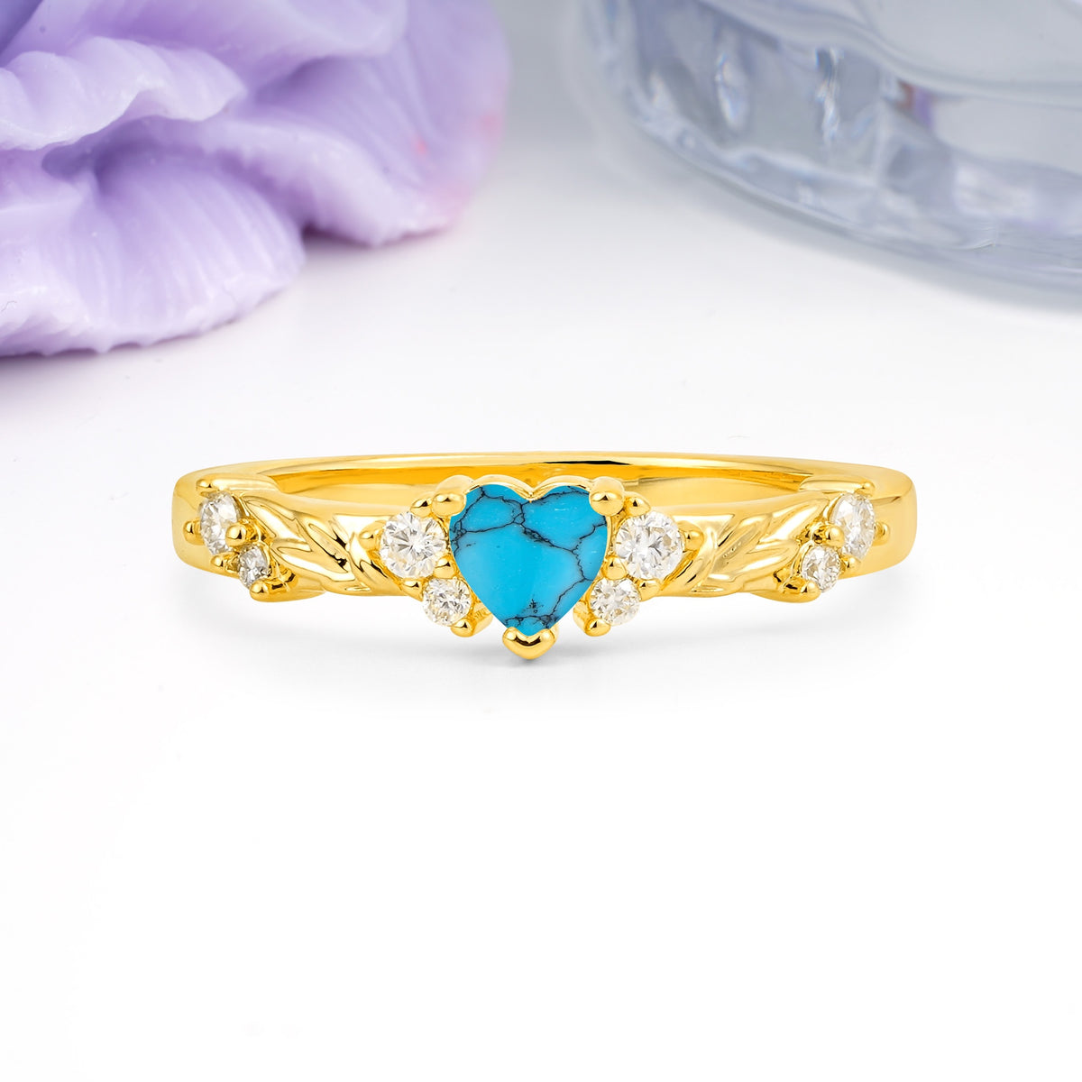 Dainty Twisted Branch Floral Outline Ball Prong Heart Cut Turquoise Engagement Ring - Additional view