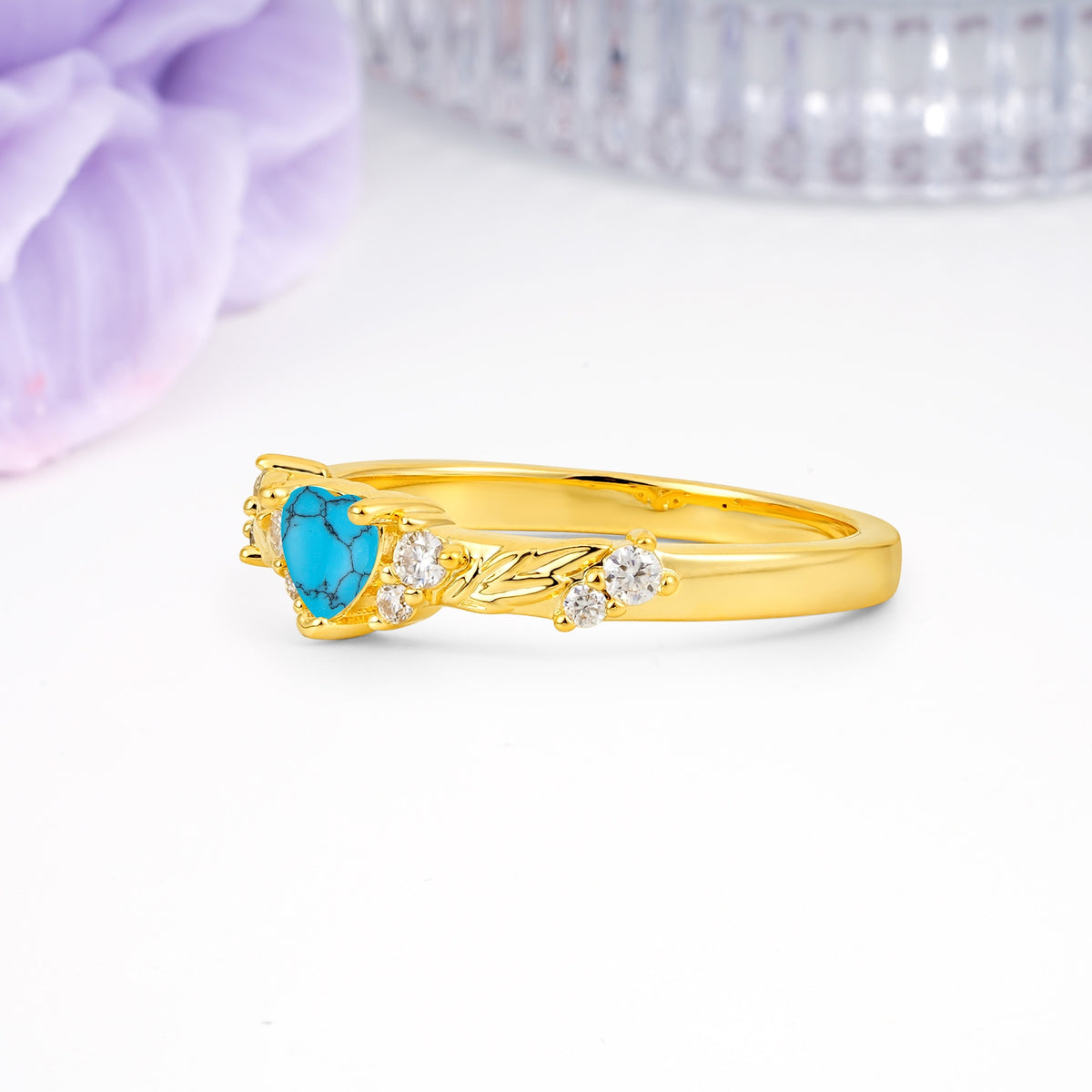 Dainty Twisted Branch Floral Outline Ball Prong Heart Cut Turquoise Engagement Ring - Additional view