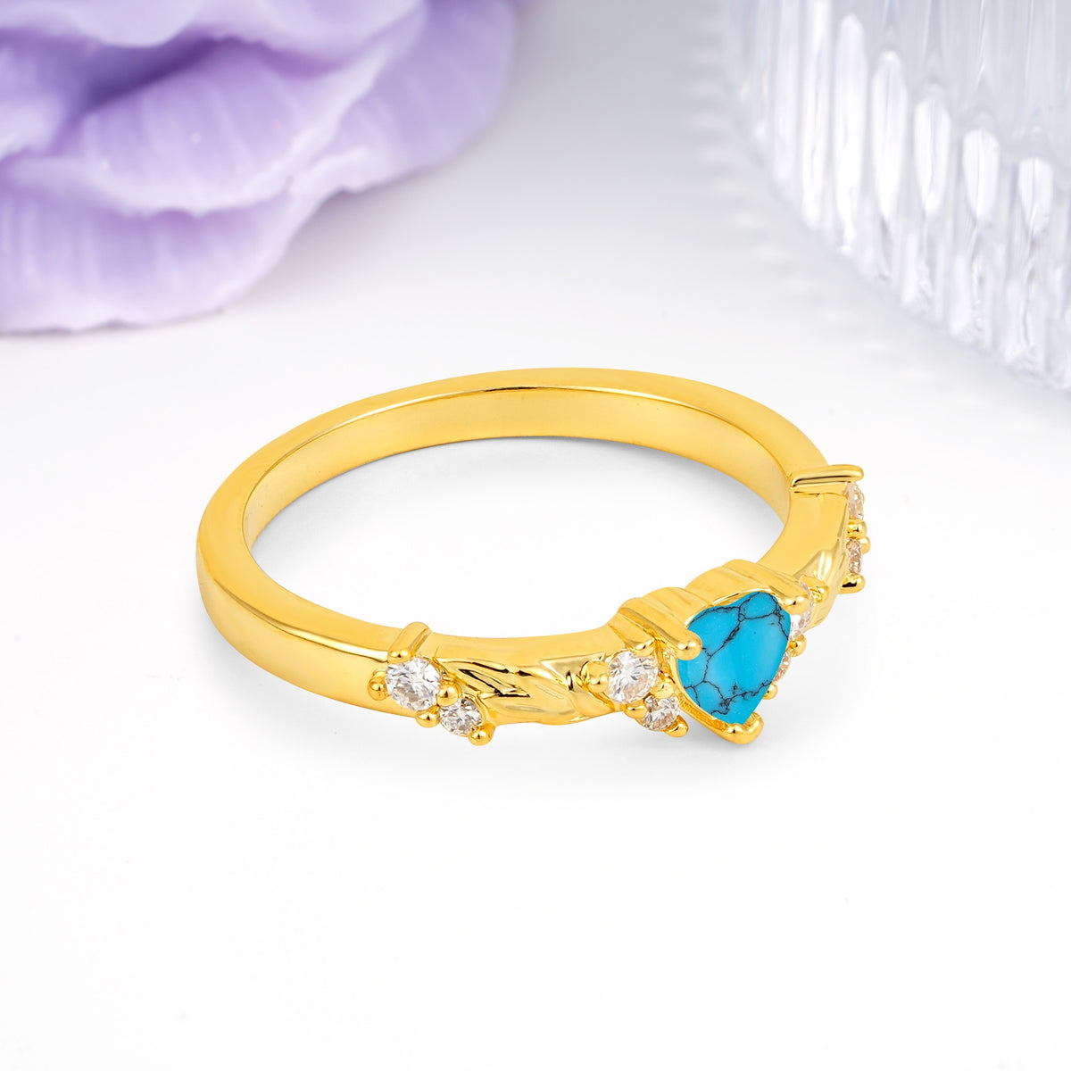 Dainty Twisted Branch Floral Outline Ball Prong Heart Cut Turquoise Engagement Ring - Additional view