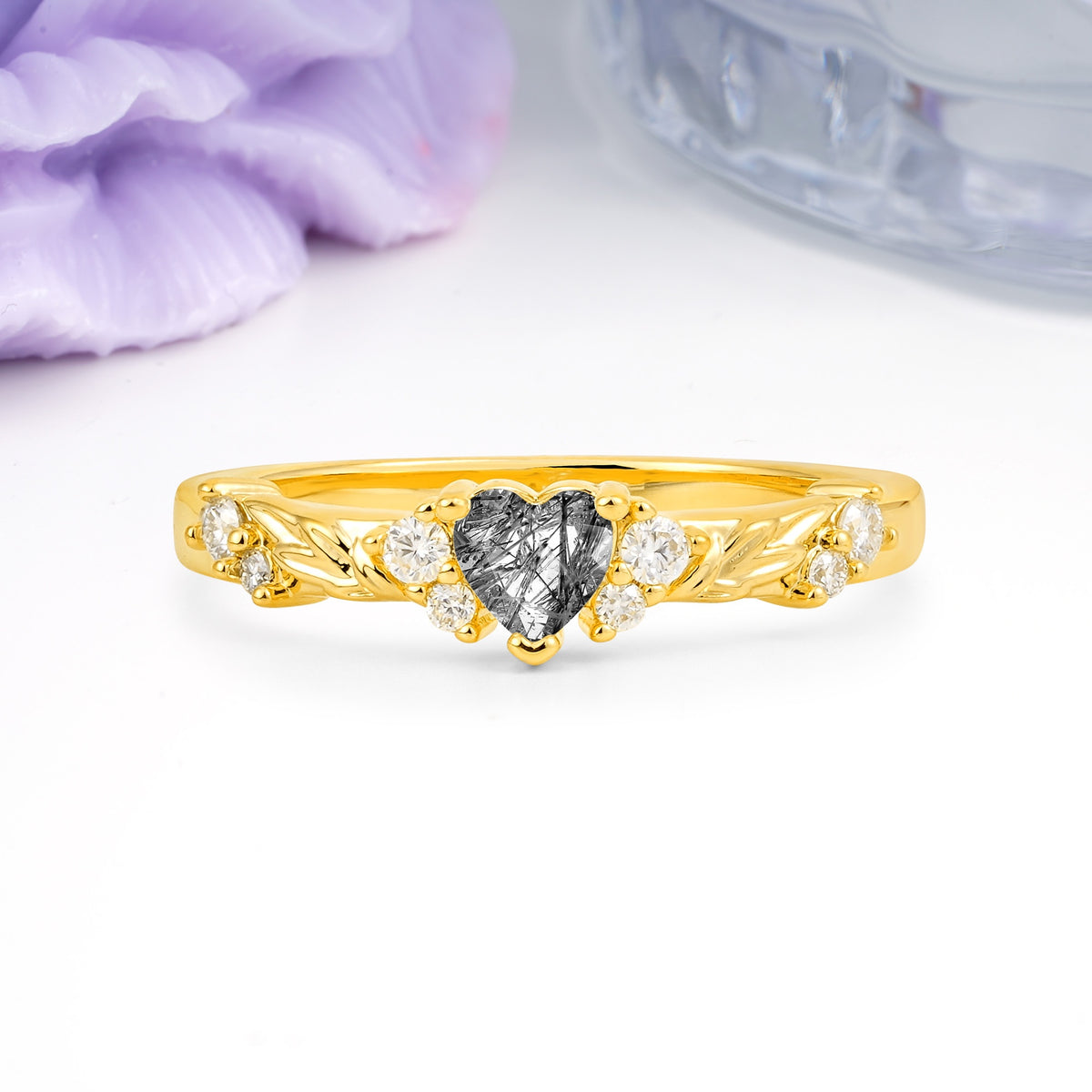 Dainty Twisted Branch Floral Outline Ball Prong Heart Cut Black Rutilated Quartz Engagement Ring - Additional view