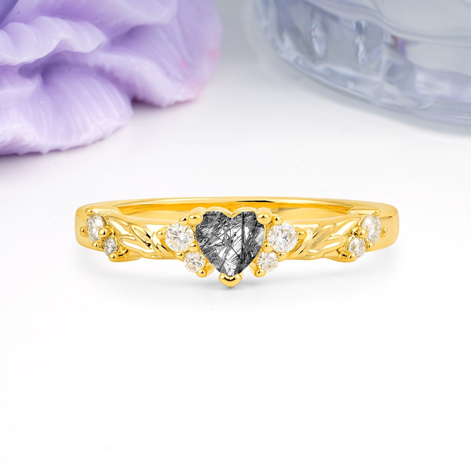 Dainty Twisted Branch Floral Outline Ball Prong Heart Cut Black Rutilated Quartz Engagement Ring - Additional view