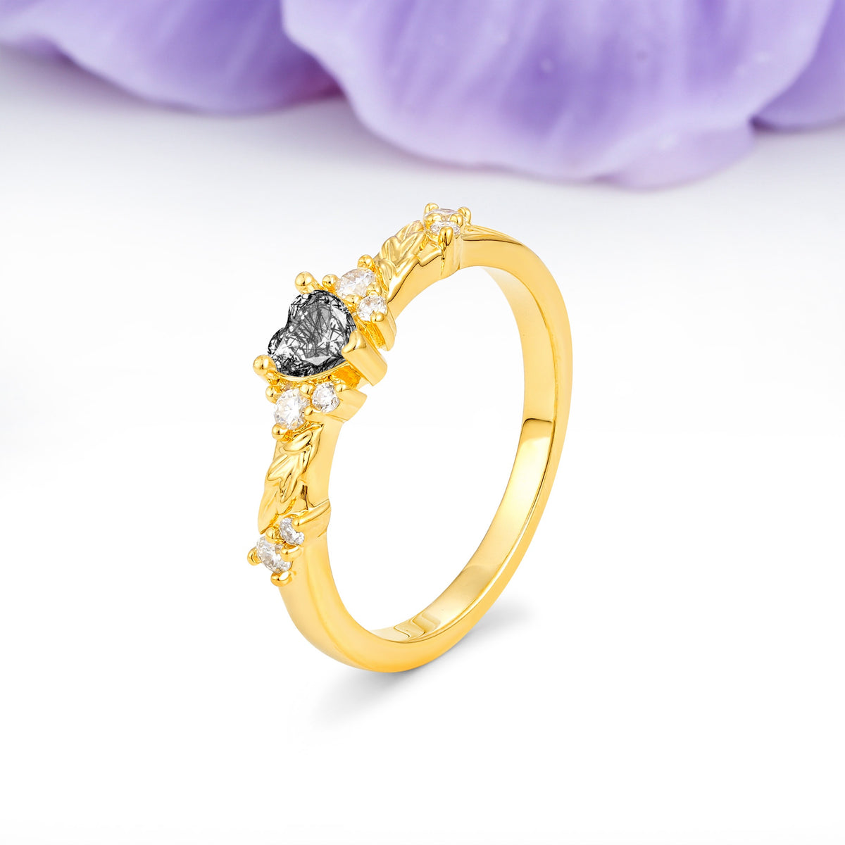 Dainty Twisted Branch Floral Outline Ball Prong Heart Cut Black Rutilated Quartz Engagement Ring - Additional view