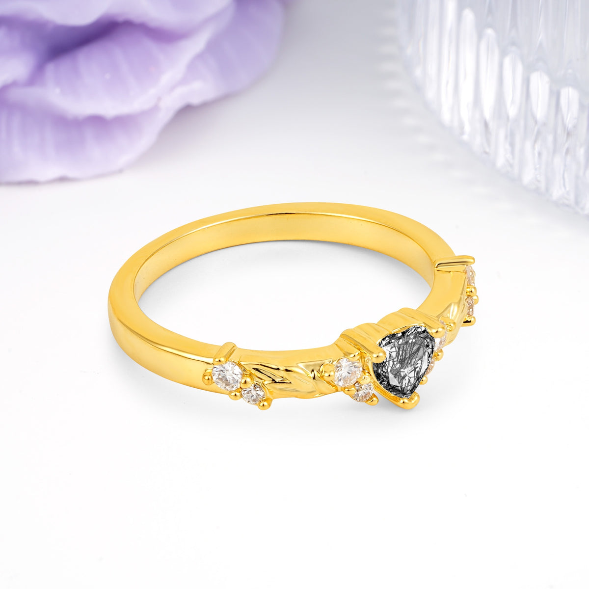Dainty Twisted Branch Floral Outline Ball Prong Heart Cut Black Rutilated Quartz Engagement Ring - Additional view