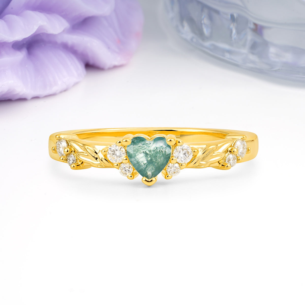 Dainty Twisted Branch Floral Outline Ball Prong Heart Cut Moss Agate Engagement Ring - Additional view
