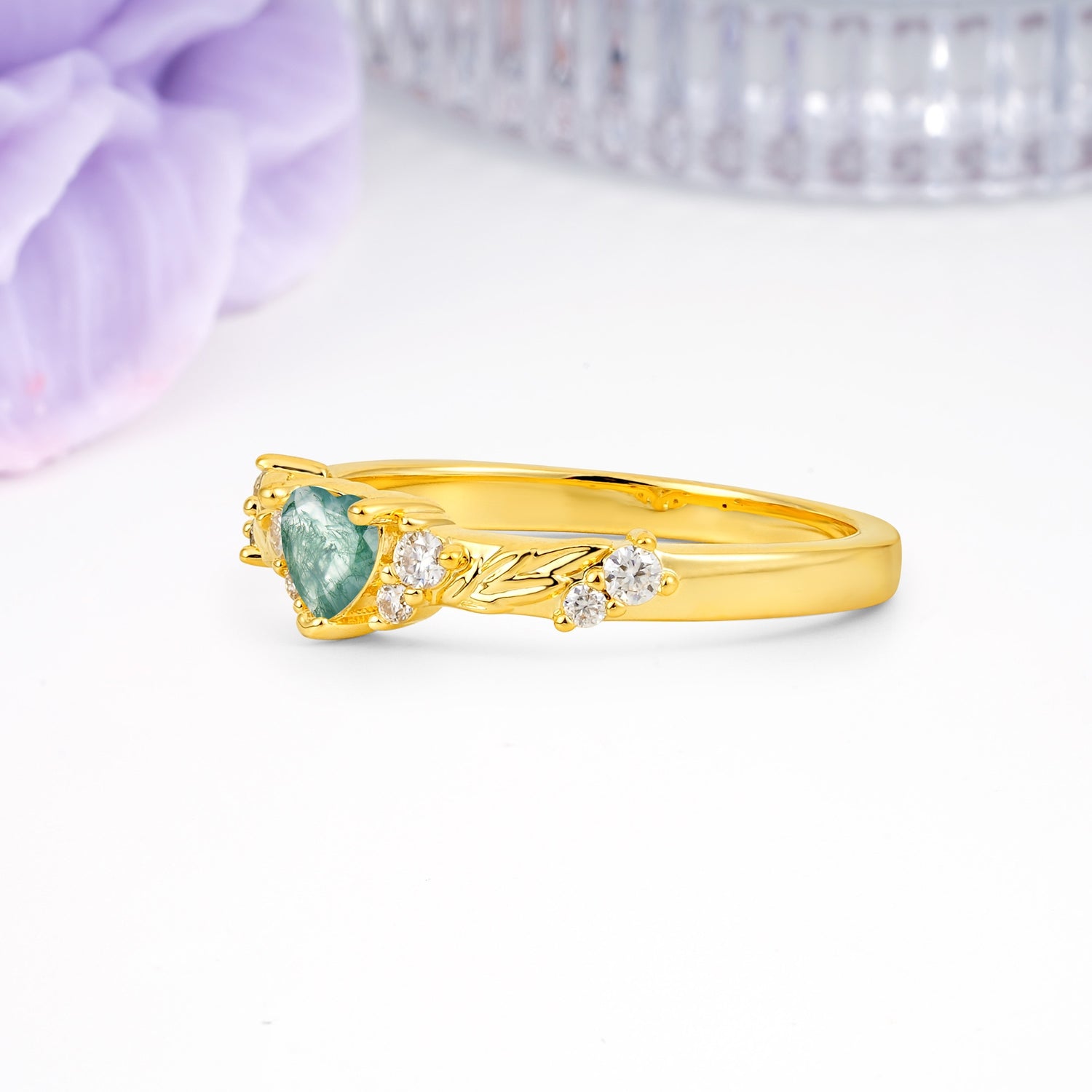 Dainty Twisted Branch Floral Outline Ball Prong Heart Cut Moss Agate Engagement Ring - Additional view