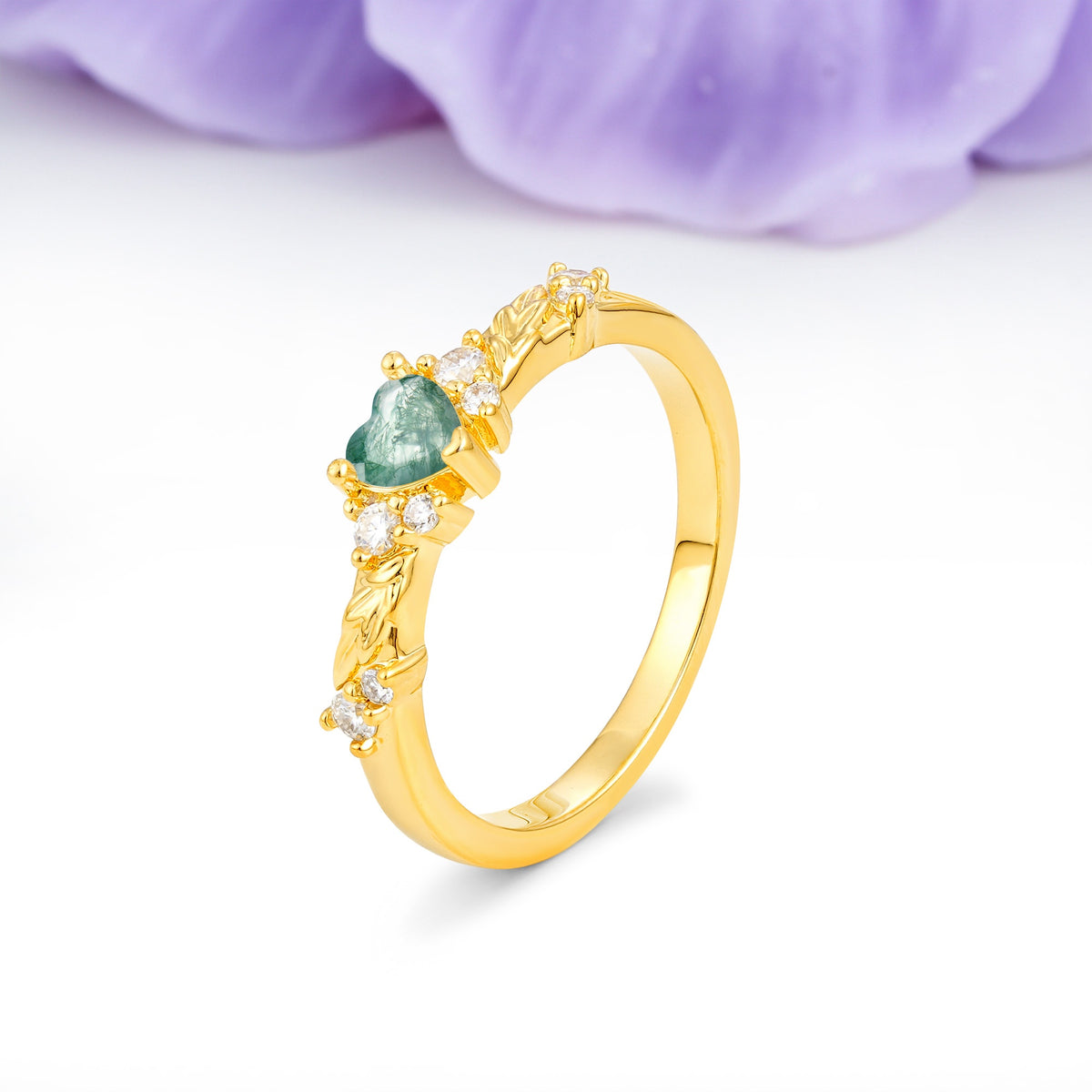 Dainty Twisted Branch Floral Outline Ball Prong Heart Cut Moss Agate Engagement Ring - Additional view