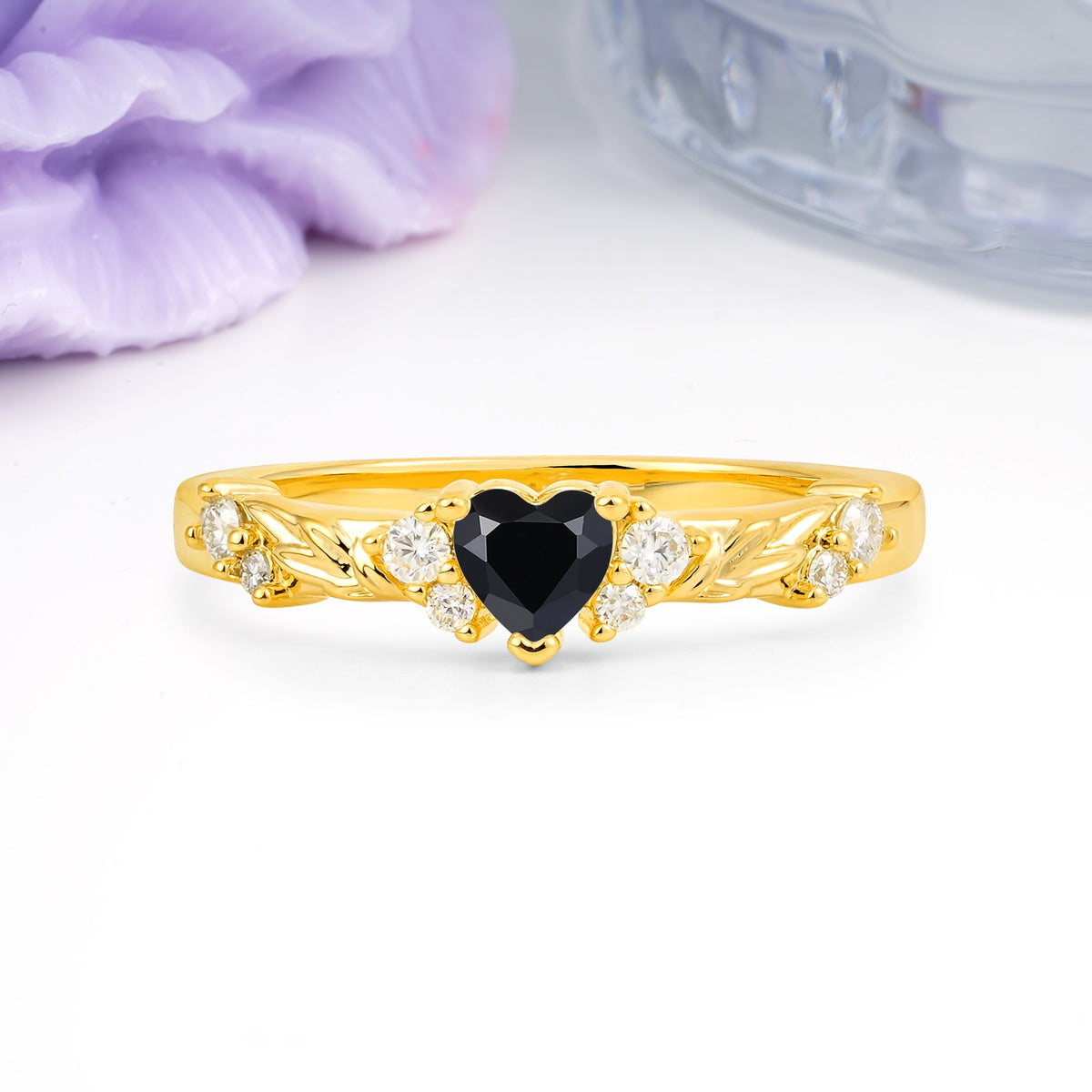 Dainty Twisted Branch Floral Outline Ball Prong Heart Cut Black Onyx Engagement Ring - Additional view