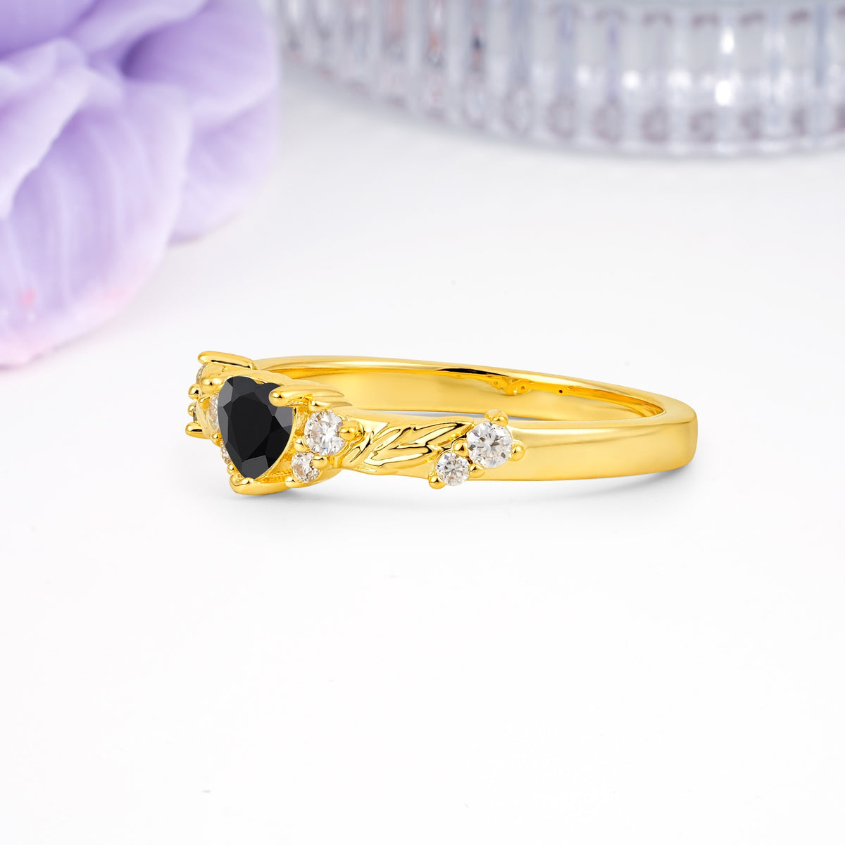 Dainty Twisted Branch Floral Outline Ball Prong Heart Cut Black Onyx Engagement Ring - Additional view