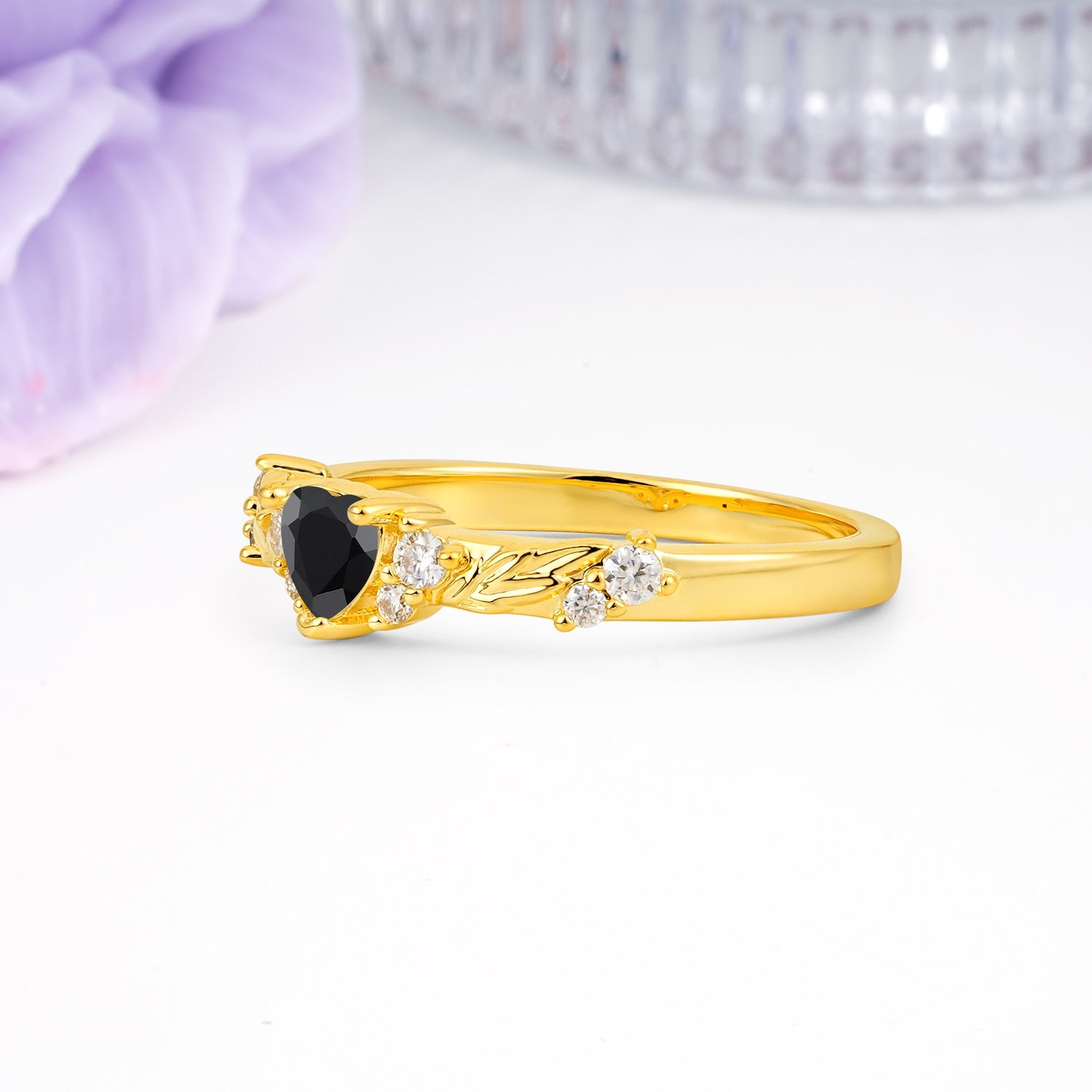 Dainty Twisted Branch Floral Outline Ball Prong Heart Cut Black Onyx Engagement Ring - Additional view