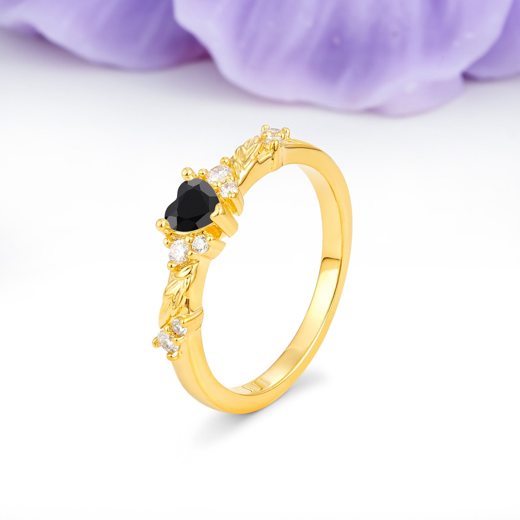 Dainty Twisted Branch Floral Outline Ball Prong Heart Cut Black Onyx Engagement Ring - Additional view