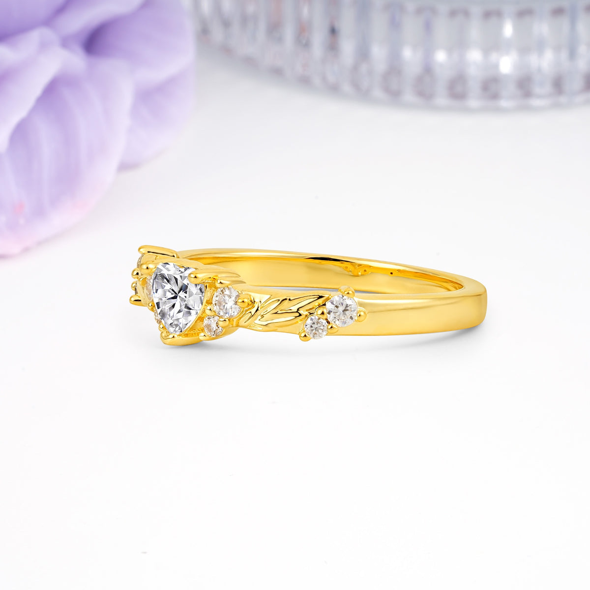 Dainty Twisted Branch Floral Outline Ball Prong Heart Cut Lab Diamond Engagement Ring - Additional view