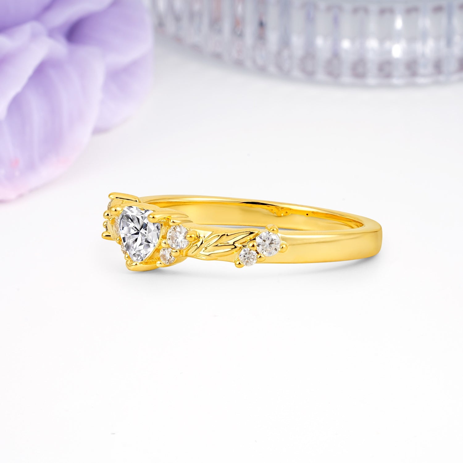 Dainty Twisted Branch Floral Outline Ball Prong Heart Cut Lab Diamond Engagement Ring - Additional view