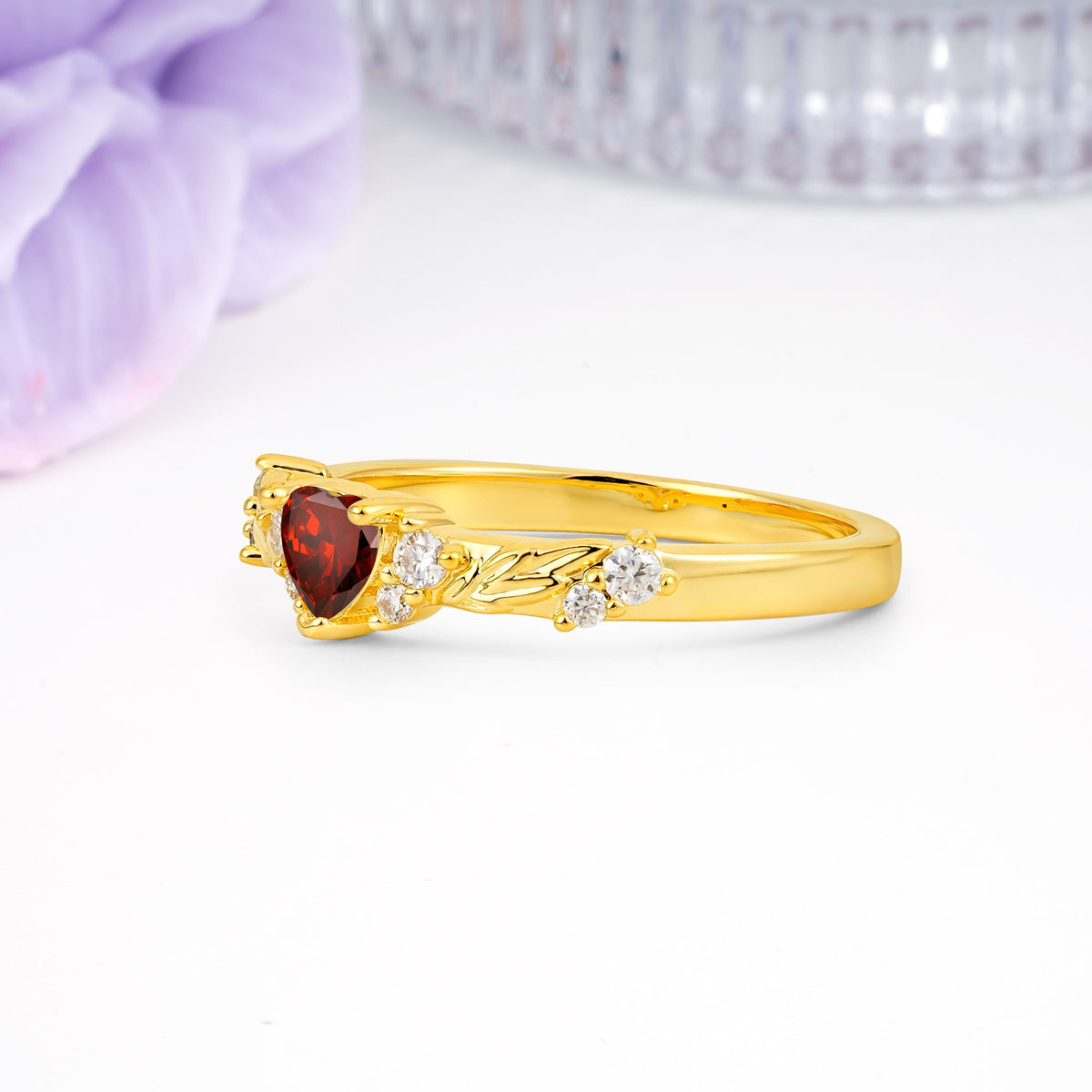 Dainty Twisted Branch Floral Outline Ball Prong Heart Cut Garnet Engagement Ring - Additional view