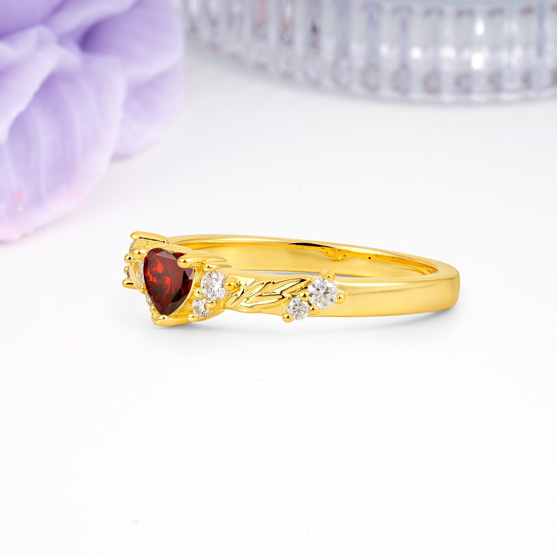 Dainty Twisted Branch Floral Outline Ball Prong Heart Cut Garnet Engagement Ring - Additional view