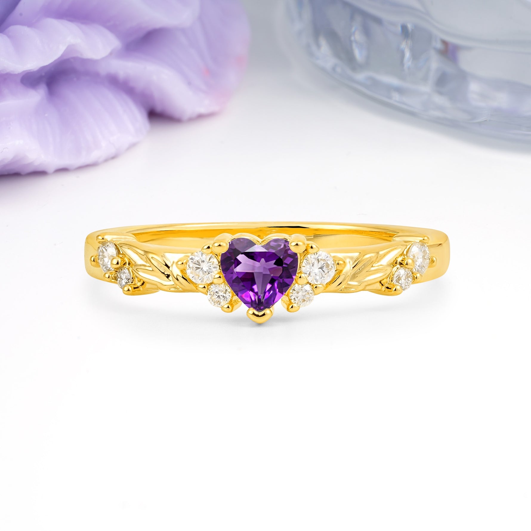 Dainty Twisted Branch Floral Outline Ball Prong Heart Cut Amethyst Engagement Ring - Additional view