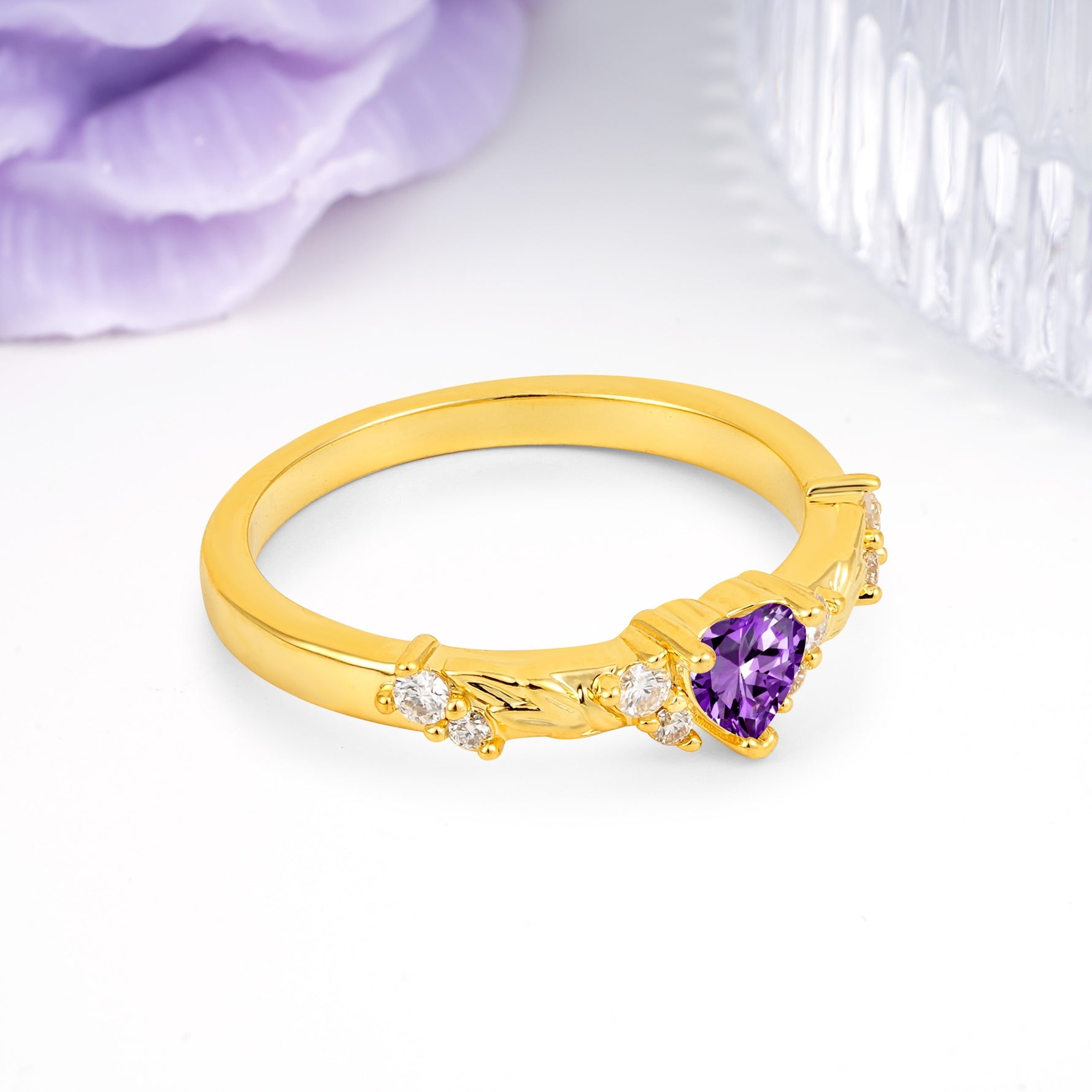 Dainty Twisted Branch Floral Outline Ball Prong Heart Cut Amethyst Engagement Ring - Additional view