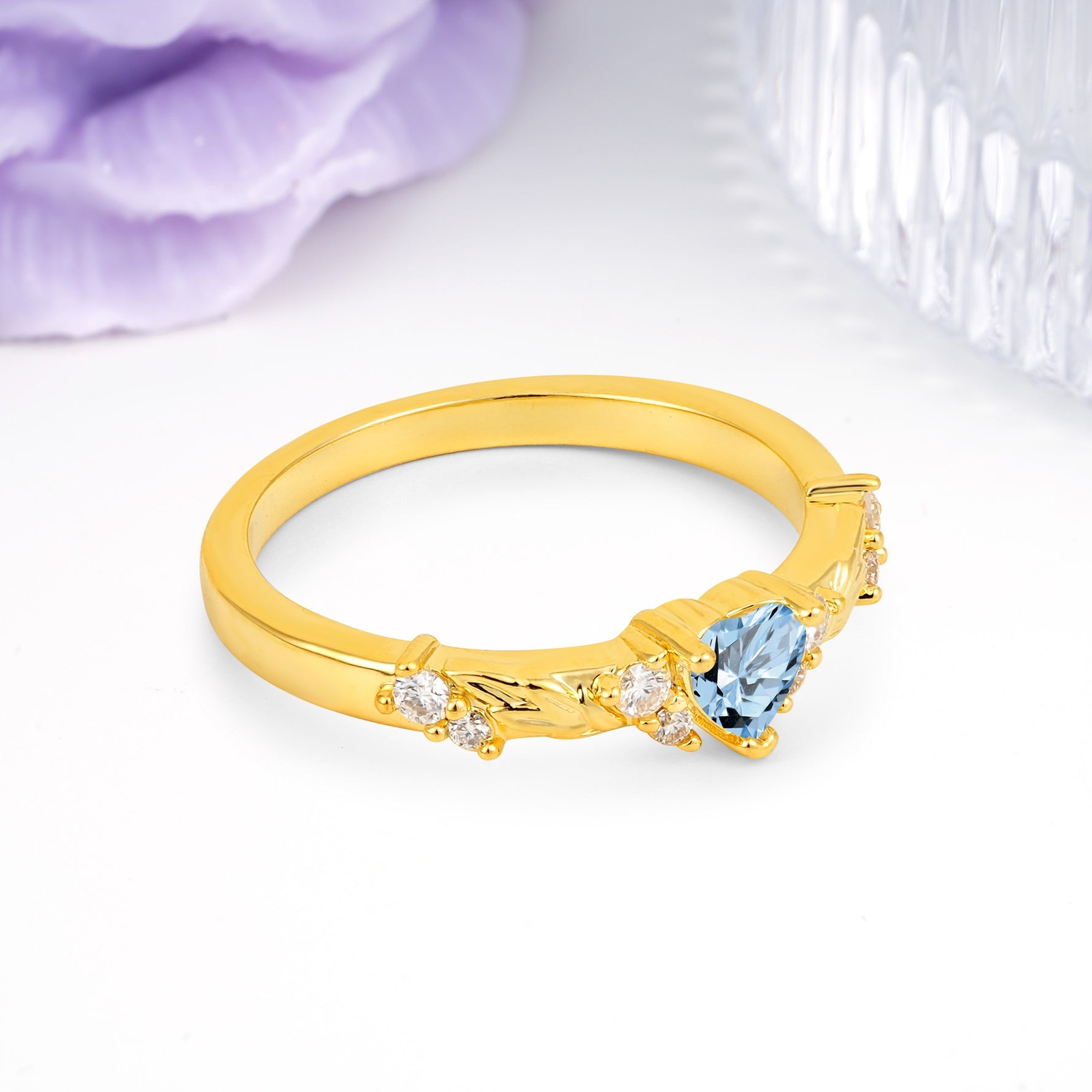 Dainty Twisted Branch Floral Outline Ball Prong Heart Cut Aquamarine Engagement Ring - Additional view