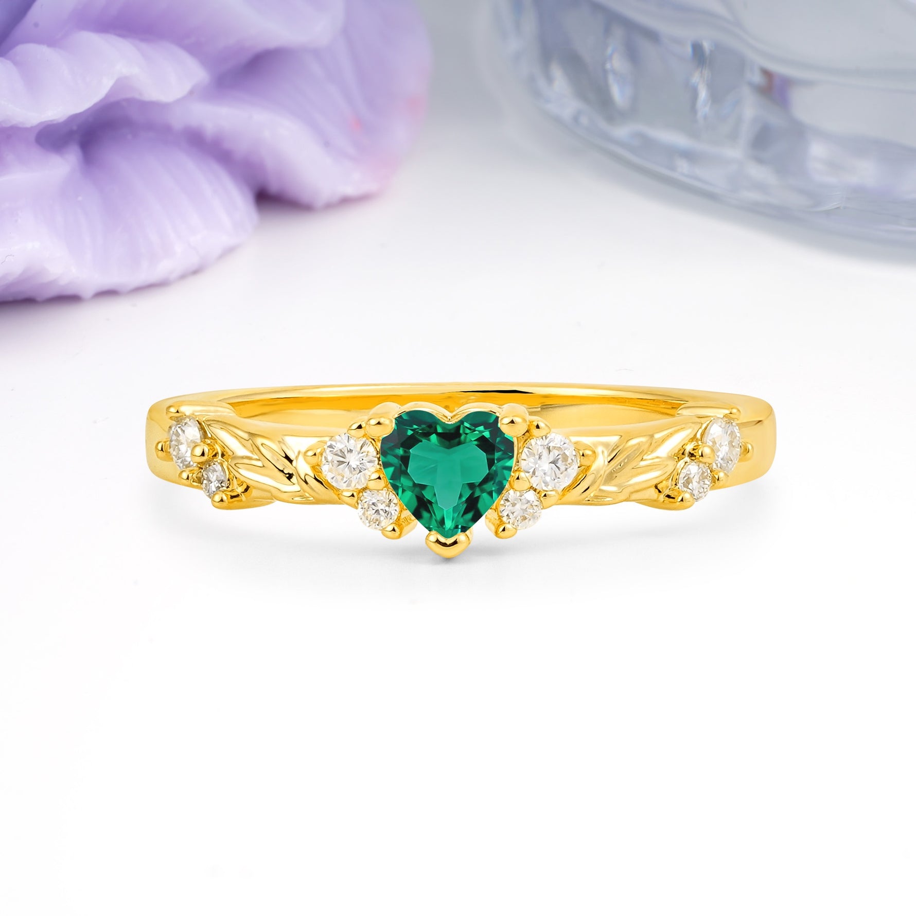 Dainty Twisted Branch Floral Outline Ball Prong Heart Cut Emerald Engagement Ring - Additional view