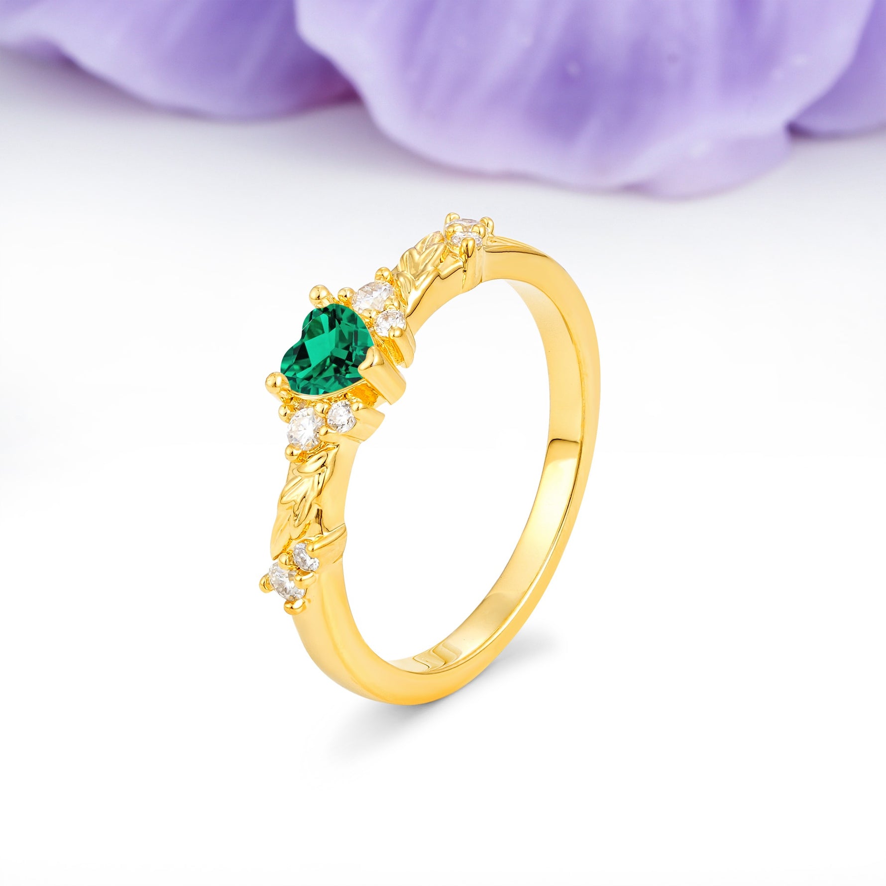 Dainty Twisted Branch Floral Outline Ball Prong Heart Cut Emerald Engagement Ring - Additional view