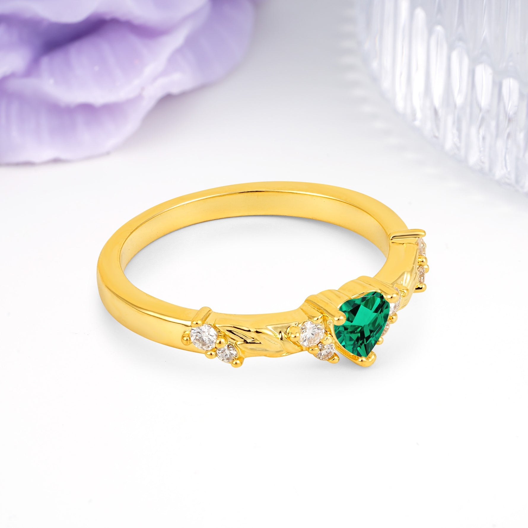 Dainty Twisted Branch Floral Outline Ball Prong Heart Cut Emerald Engagement Ring - Additional view