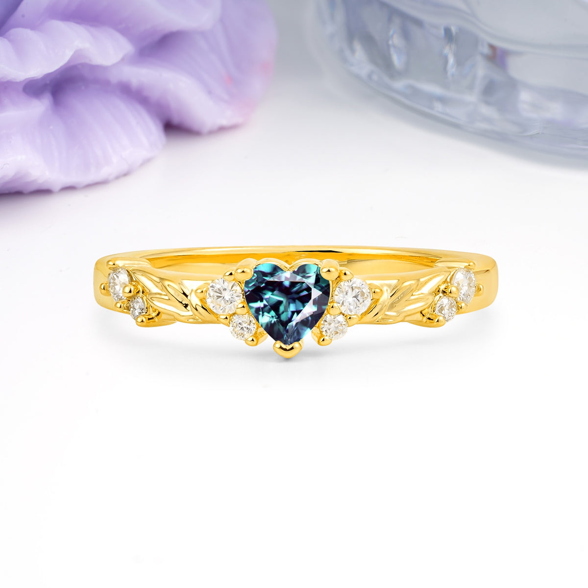 Dainty Twisted Branch Floral Outline Ball Prong Heart Cut Alexandrite Engagement Ring - Additional view