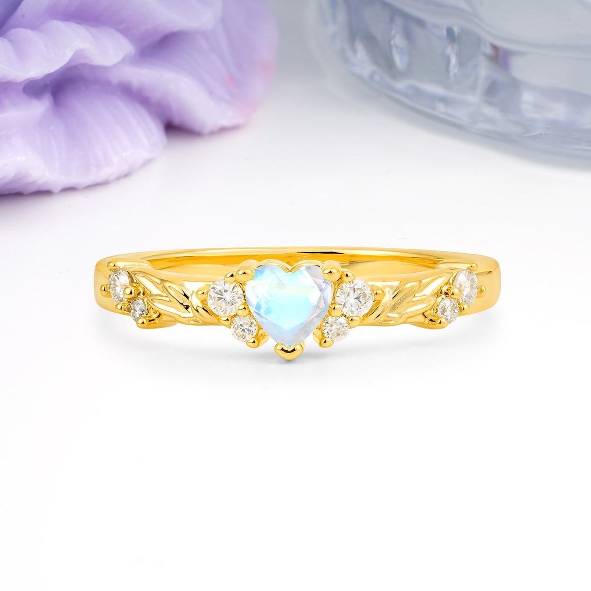 Dainty Twisted Branch Floral Outline Ball Prong Heart Cut Moonstone Engagement Ring - Additional view