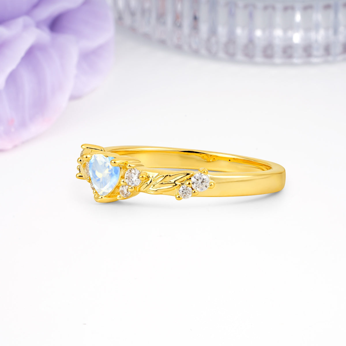 Dainty Twisted Branch Floral Outline Ball Prong Heart Cut Moonstone Engagement Ring - Additional view