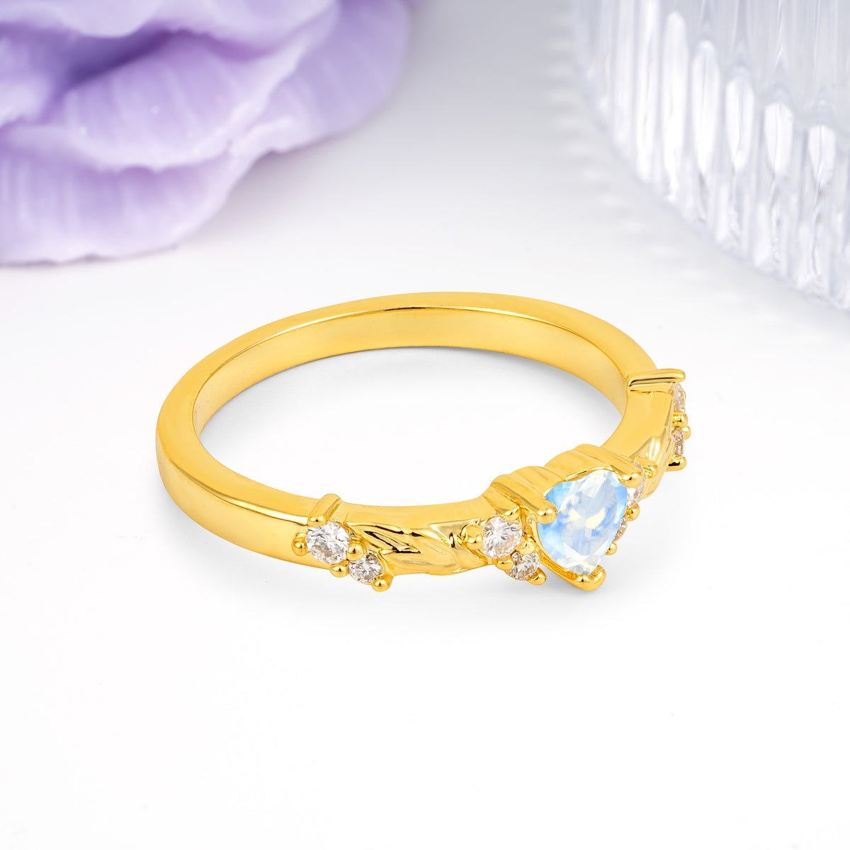 Dainty Twisted Branch Floral Outline Ball Prong Heart Cut Moonstone Engagement Ring - Additional view