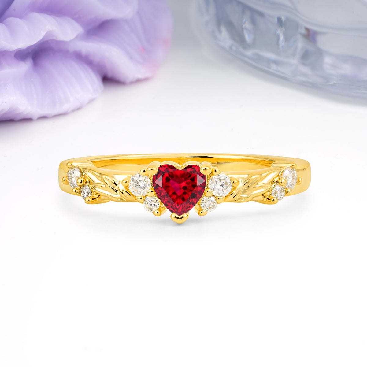 Dainty Twisted Branch Floral Outline Ball Prong Heart Cut Ruby Engagement Ring - Additional view