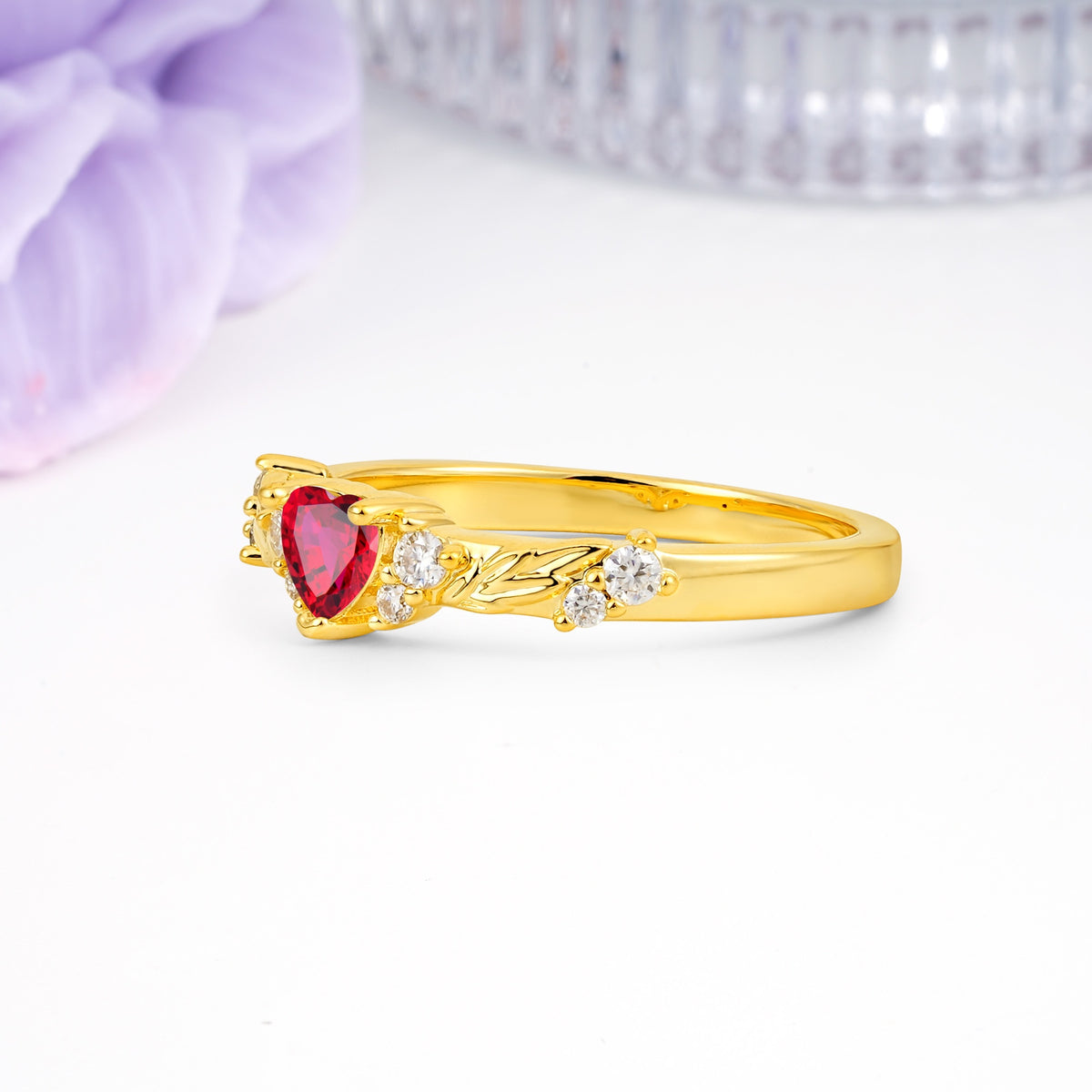 Dainty Twisted Branch Floral Outline Ball Prong Heart Cut Ruby Engagement Ring - Additional view