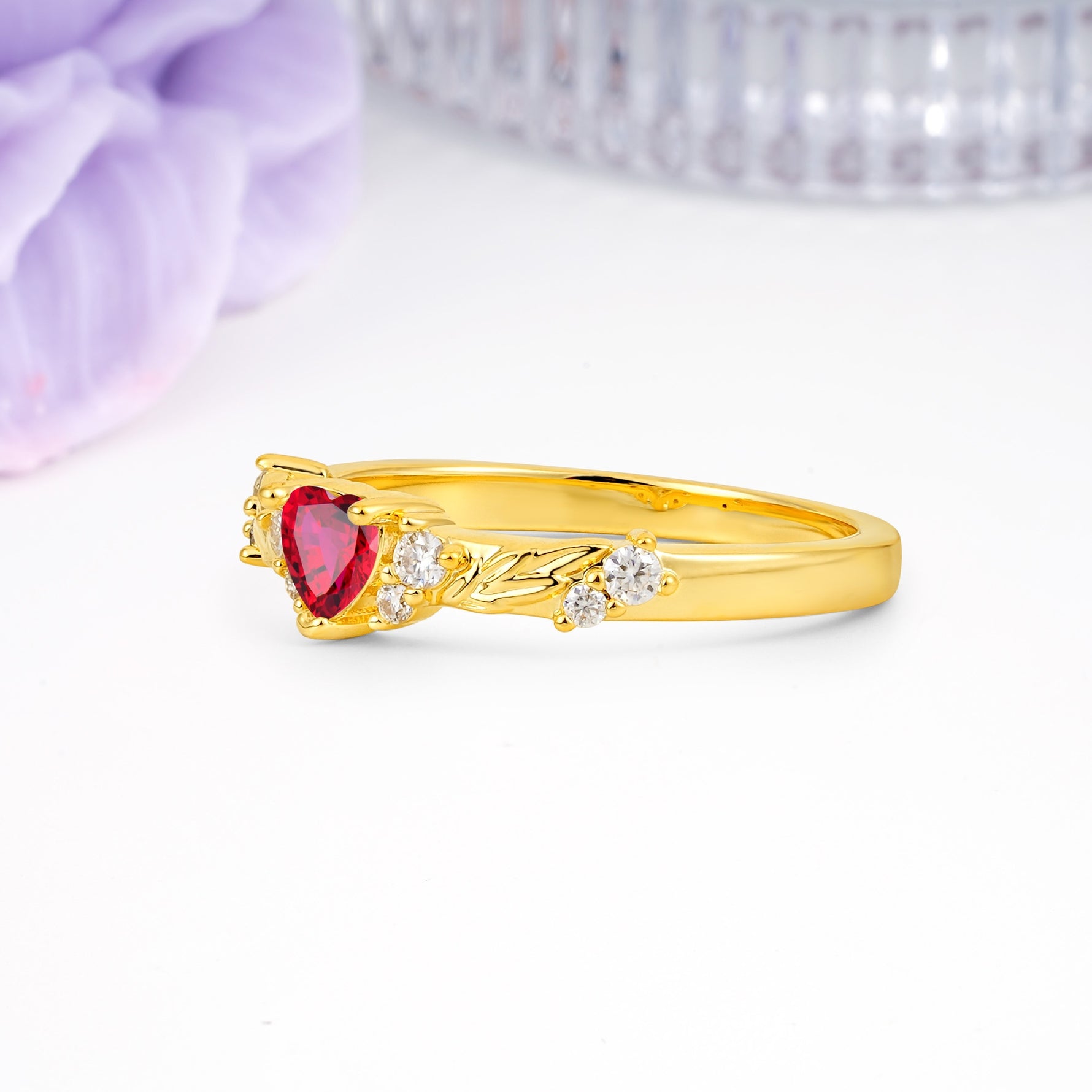 Dainty Twisted Branch Floral Outline Ball Prong Heart Cut Ruby Engagement Ring - Additional view