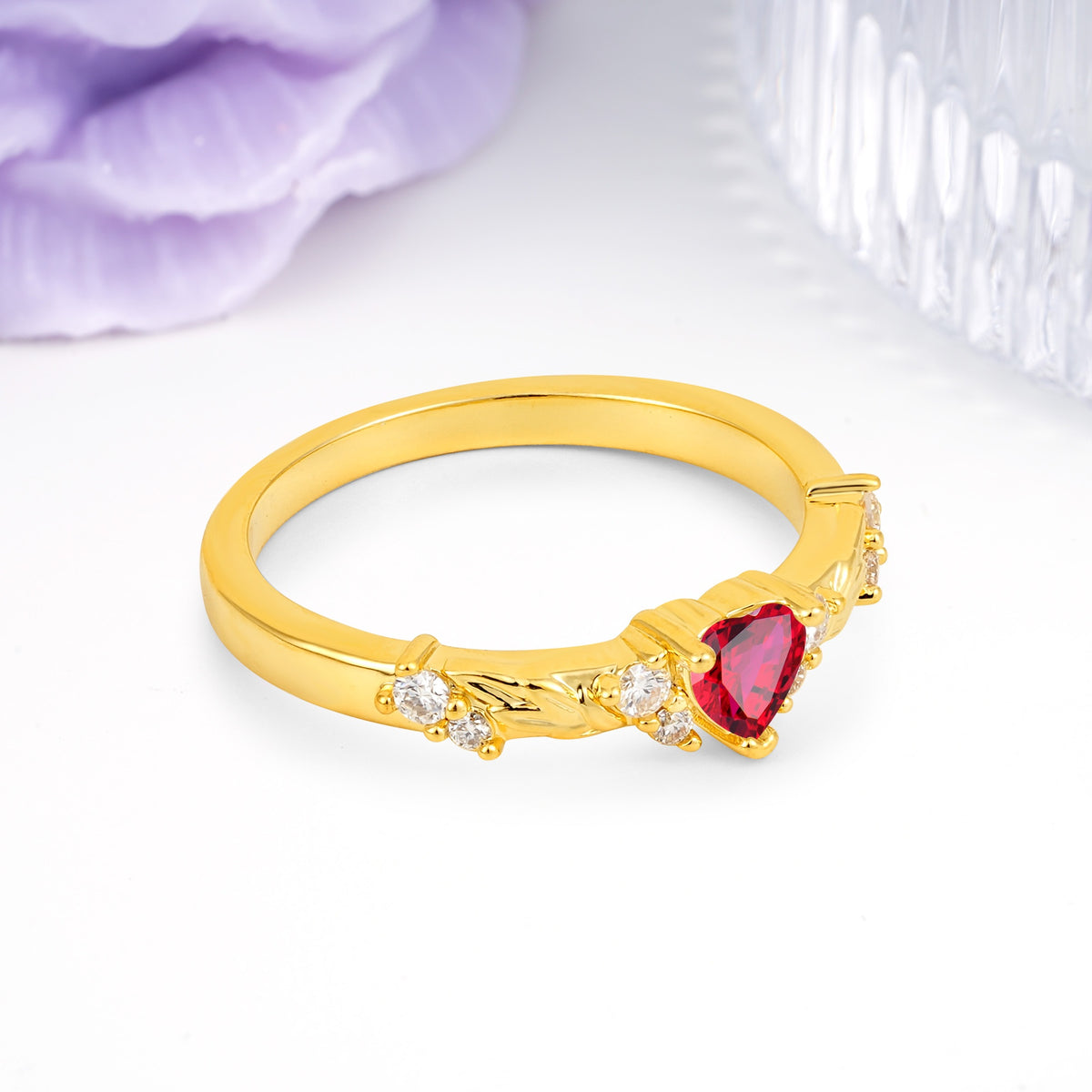 Dainty Twisted Branch Floral Outline Ball Prong Heart Cut Ruby Engagement Ring - Additional view